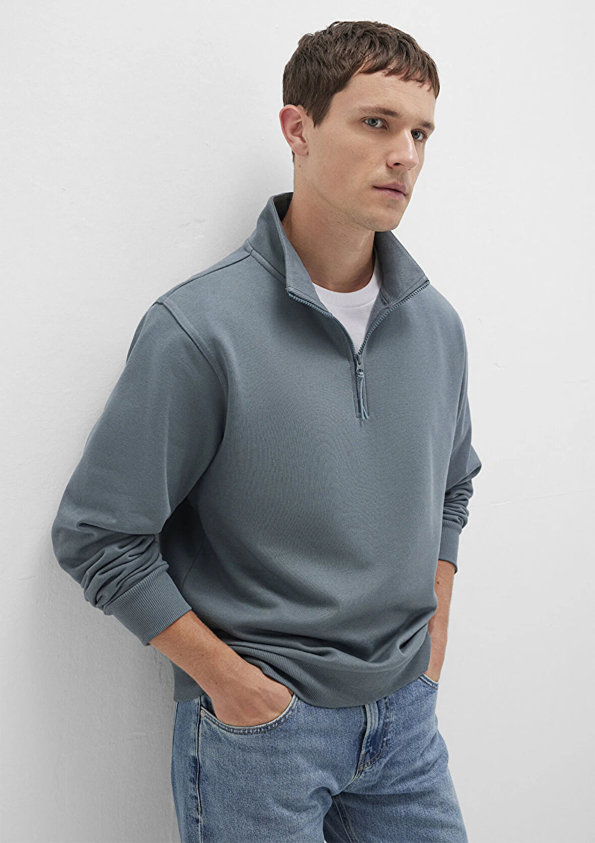 Yarı Fermuarlı Gri Basic Sweatshirt 0S10278-80889