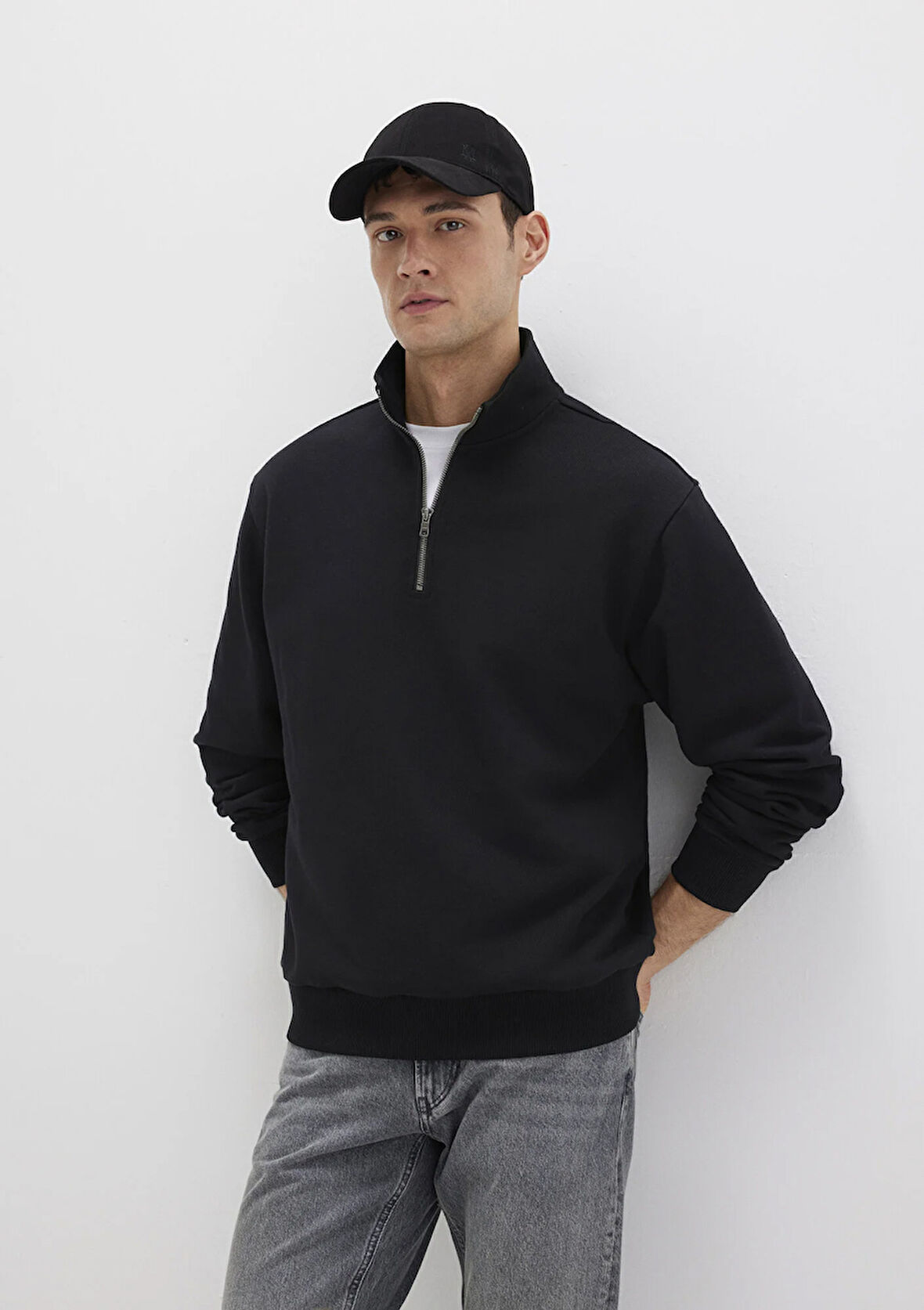 Yarı Fermuarlı siyah Basic Sweatshirt 0S10419-900