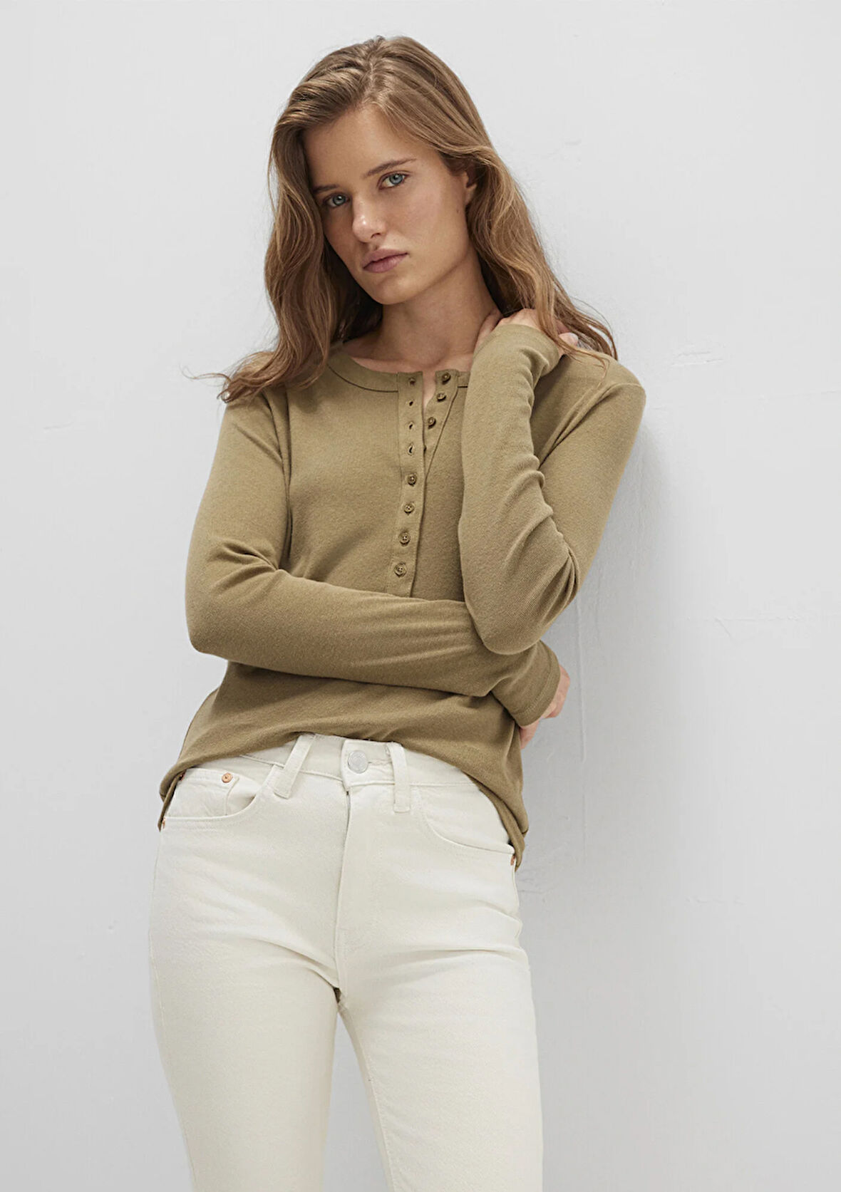 Düğme Detaylı Haki Tişört 1613401-71567