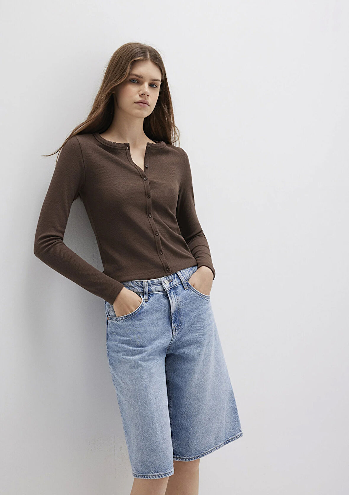 Düğme Detaylı Kahverengi Uzun Kollu Tişört 1613330-88067