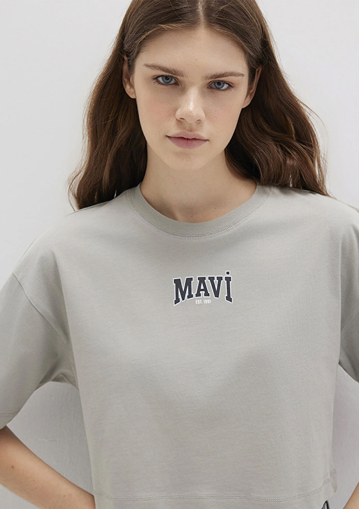 Mavi Logo Baskılı Gri Crop Tişört 1613411-70112