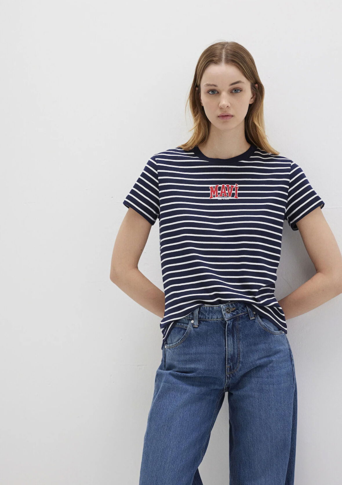 Mavi Logo Baskılı Çizgili Lacivert Tişört 1613562-88030