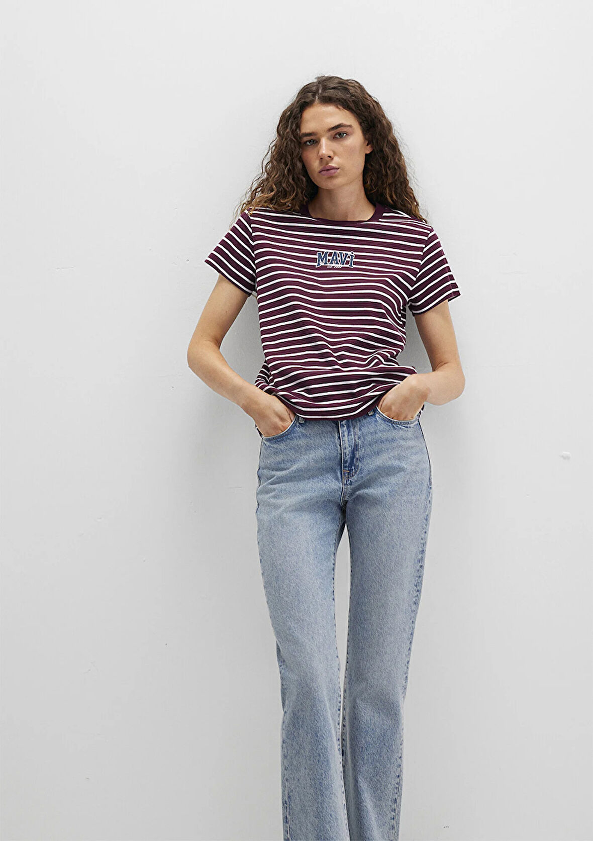 Mavi Logo Baskılı Çizgili Bordo Tişört 1613562-87982