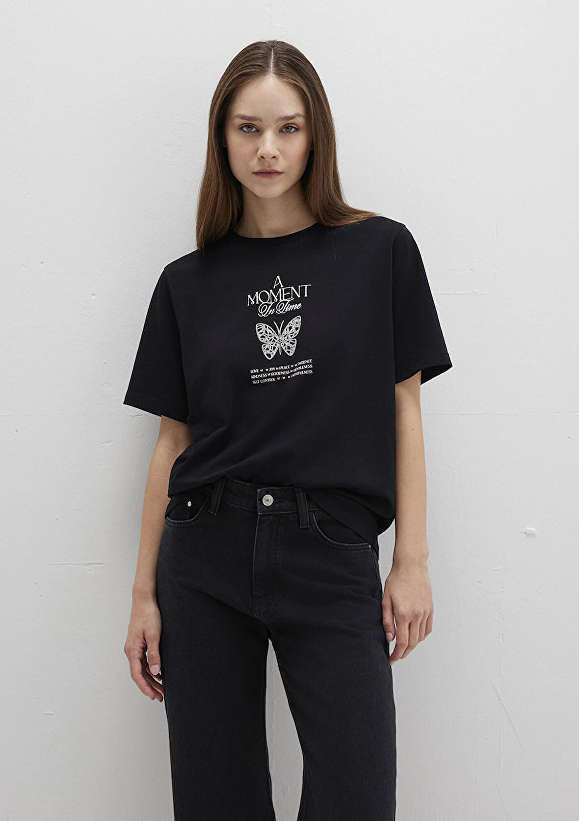 Kelebek Baskılı Siyah Tişört 1613462-900