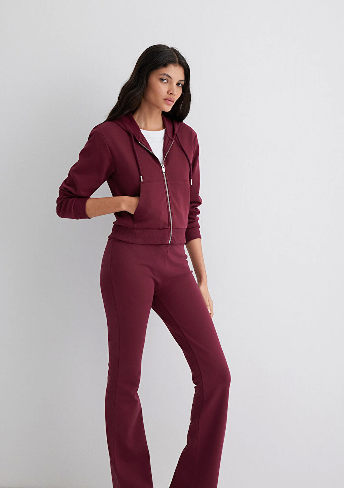 Kapüşonlu Bordo İnterlok Sweatshirt 1S10424-70394