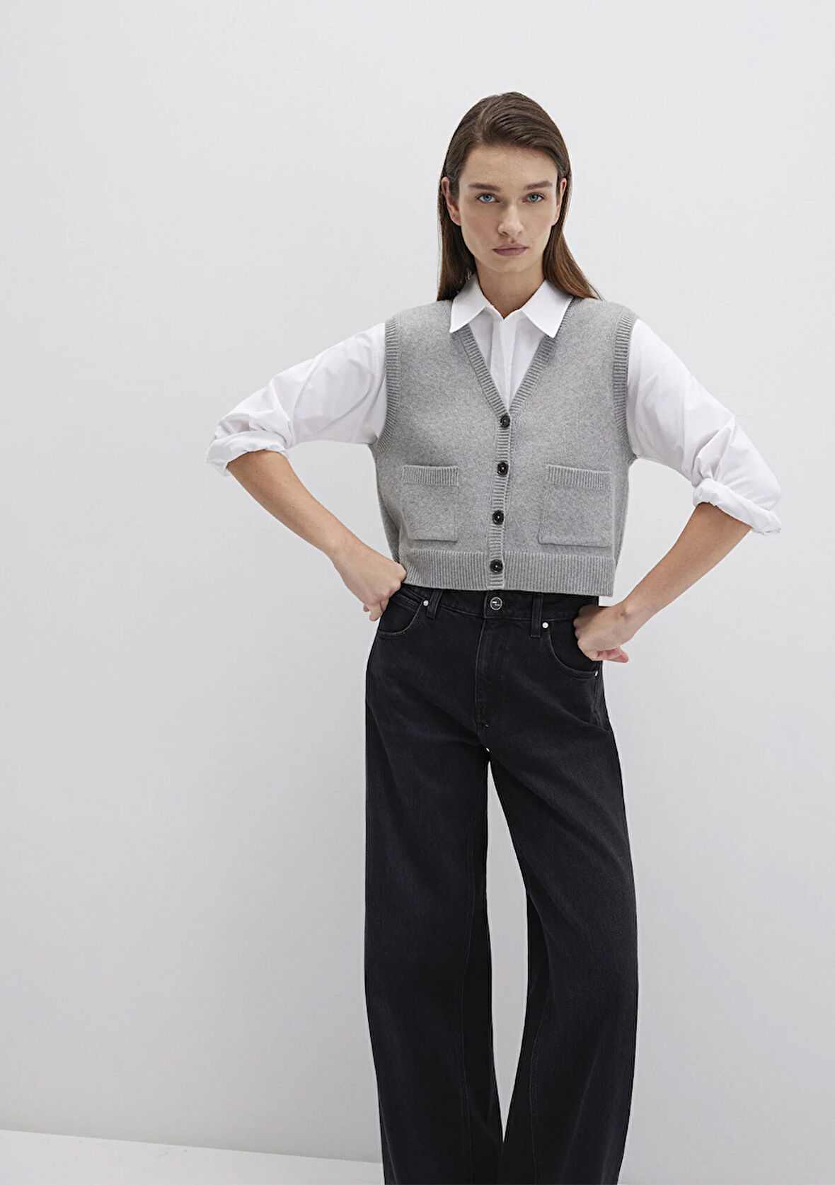 Düğmeli Gri Süveter 1710783-83096