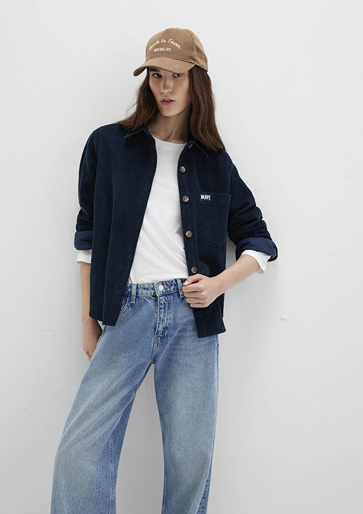 Mavi Detaylı Lacivert Kadife Gömlek 1211277-80872