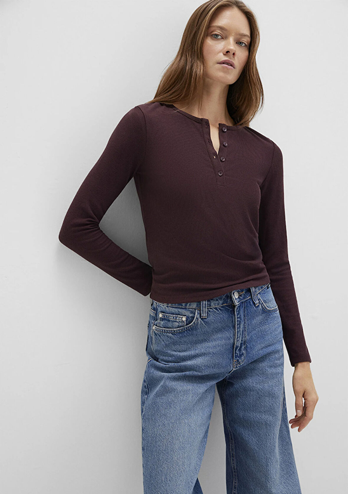 Uzun Kollu Kahverengi Basic Tişört 1613621-70223