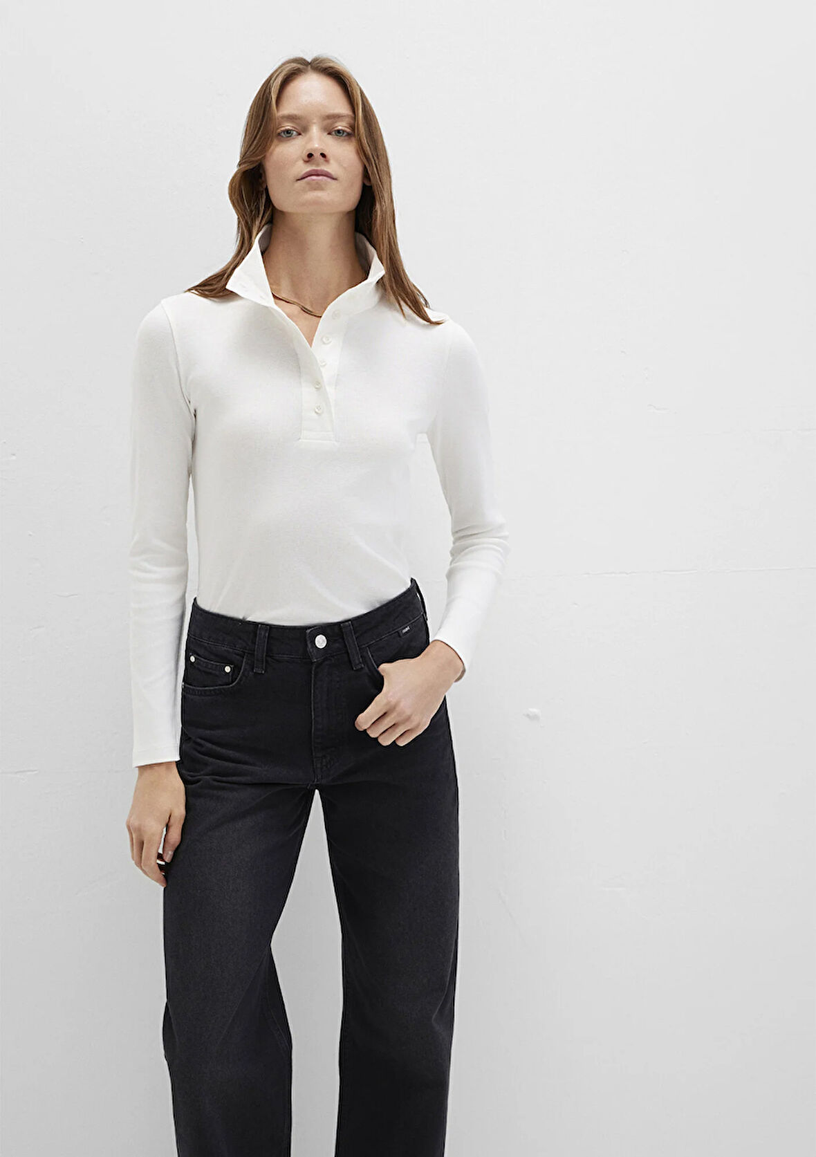 Düğme Detaylı Dik Yaka Ekru Tişört 1613614-70057