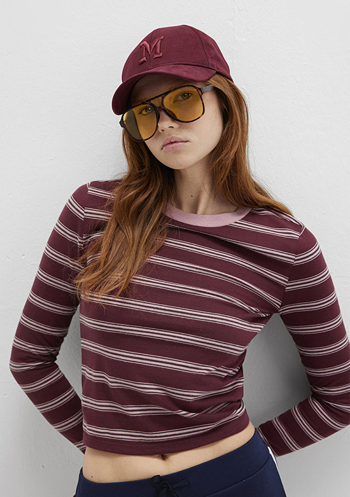 Uzun Kollu Çizgili Bordo Tişört 1613604-91193