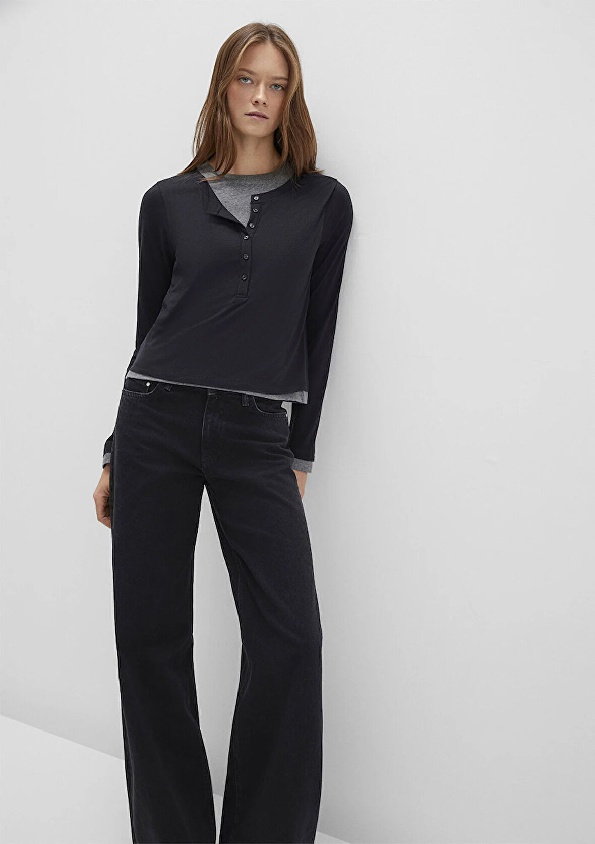 Yün Karışımlı Çift Katlı Siyah Uzun Kollu Tişört 1613400-900