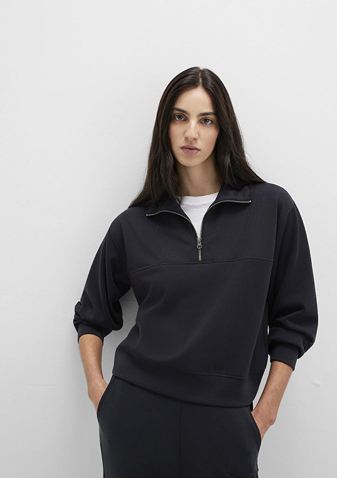 Yarı Fermuarlı Tencel TM Siyah Sweatshirt 1S10488-900