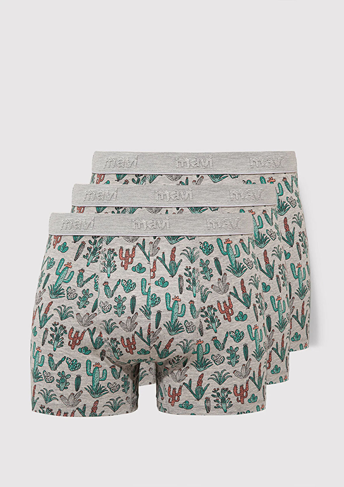 3lü Kaktüs Baskılı Gri Boxer 0912212-23854