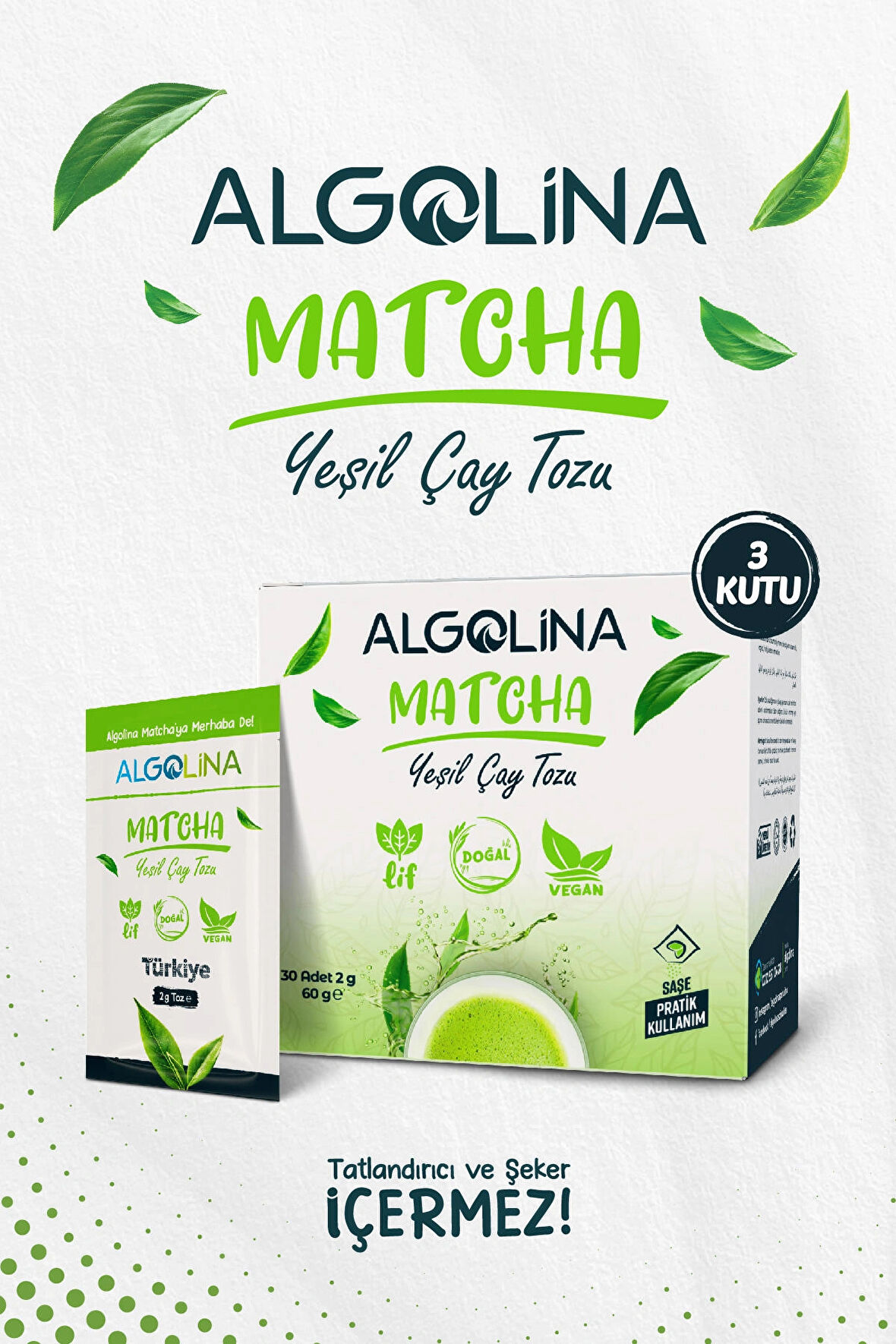 Matcha Çayı 30'lu Saşe (60 GR) - Katkısız Maça Tozu (3 Kutu)