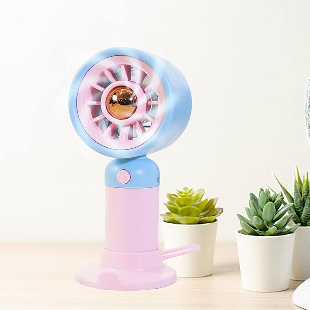 3 Kademeli Şarjlı Mini El Fanı - Mavi Pembe
