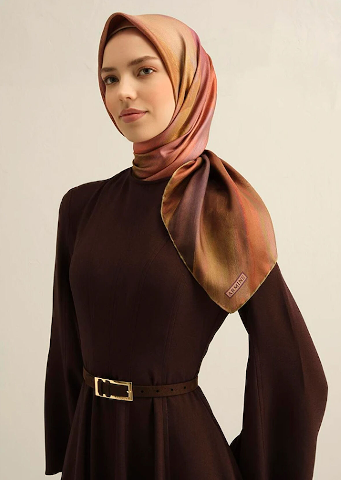 Armine Sura İpek Eşarp 9308-07 Turuncu Karışık Desen 