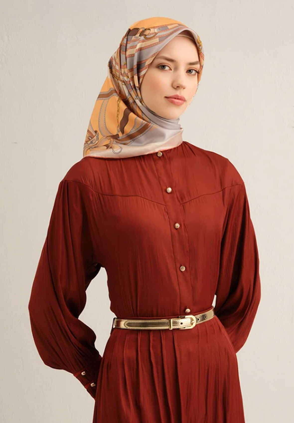 Armine Sura İpek Eşarp 9315-80 Turuncu Karışık Desen 