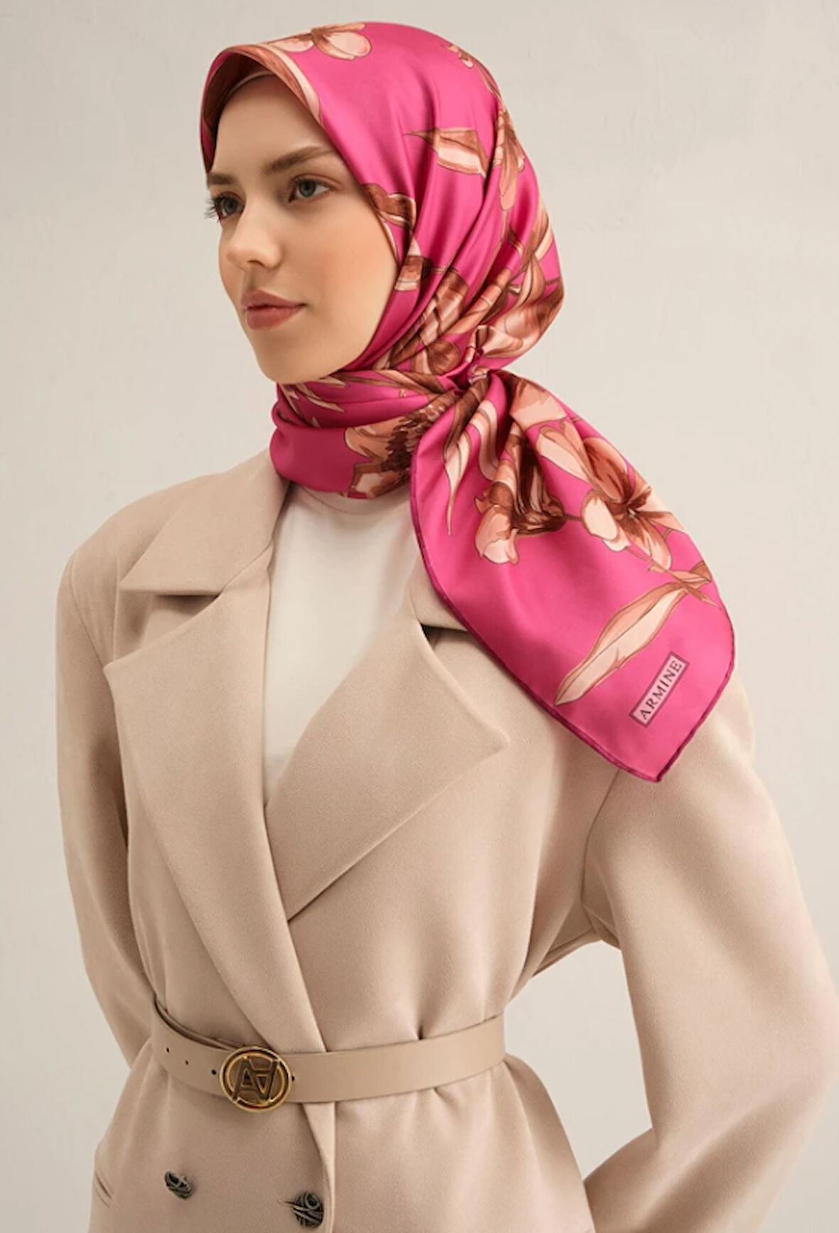 Armine Sura İpek Eşarp 9324-55 Pembe Karışık Desen 