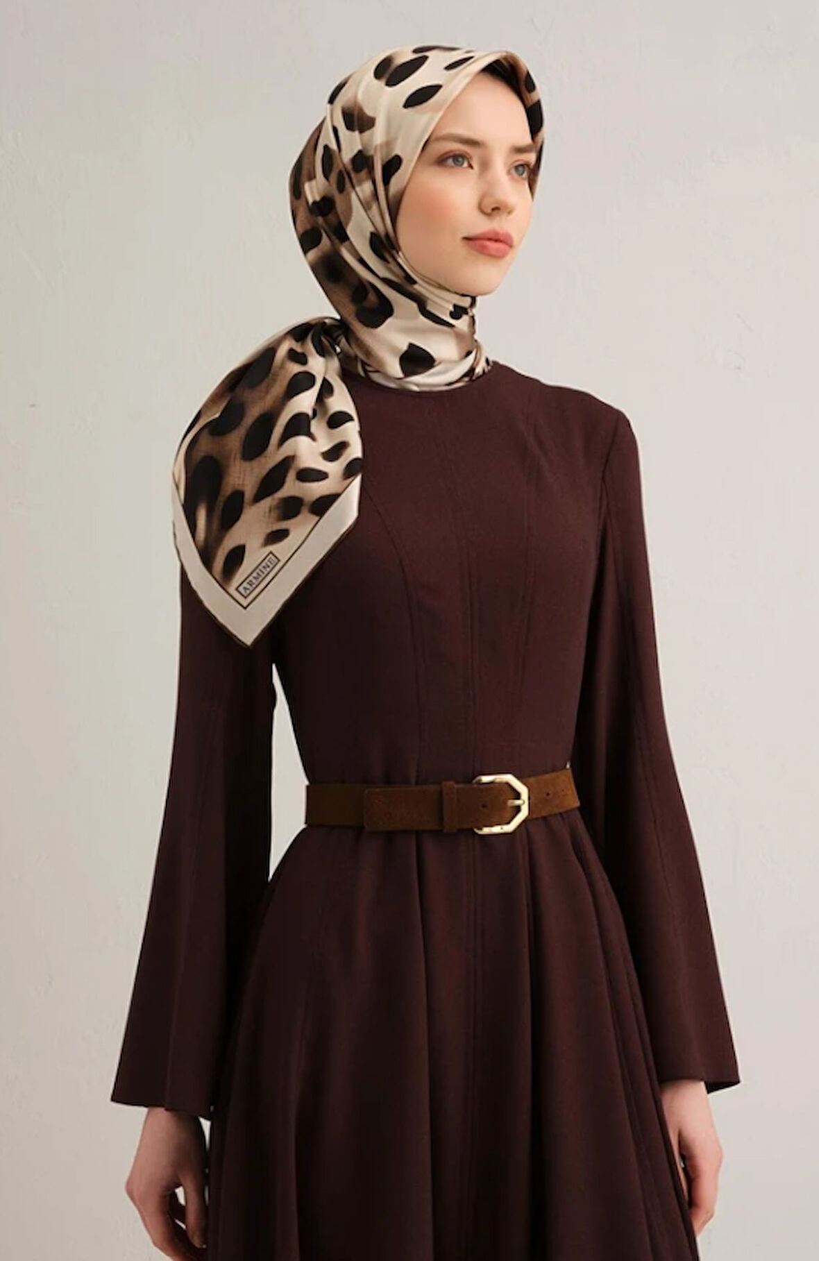 Armine Tivil İpek Eşarp 9320-51 Kahverengi Karışık Desen 