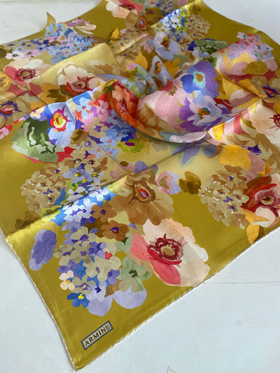 Armine Tivil İpek Eşarp 9334-59 Yağ Yeşili Karışık Desen 