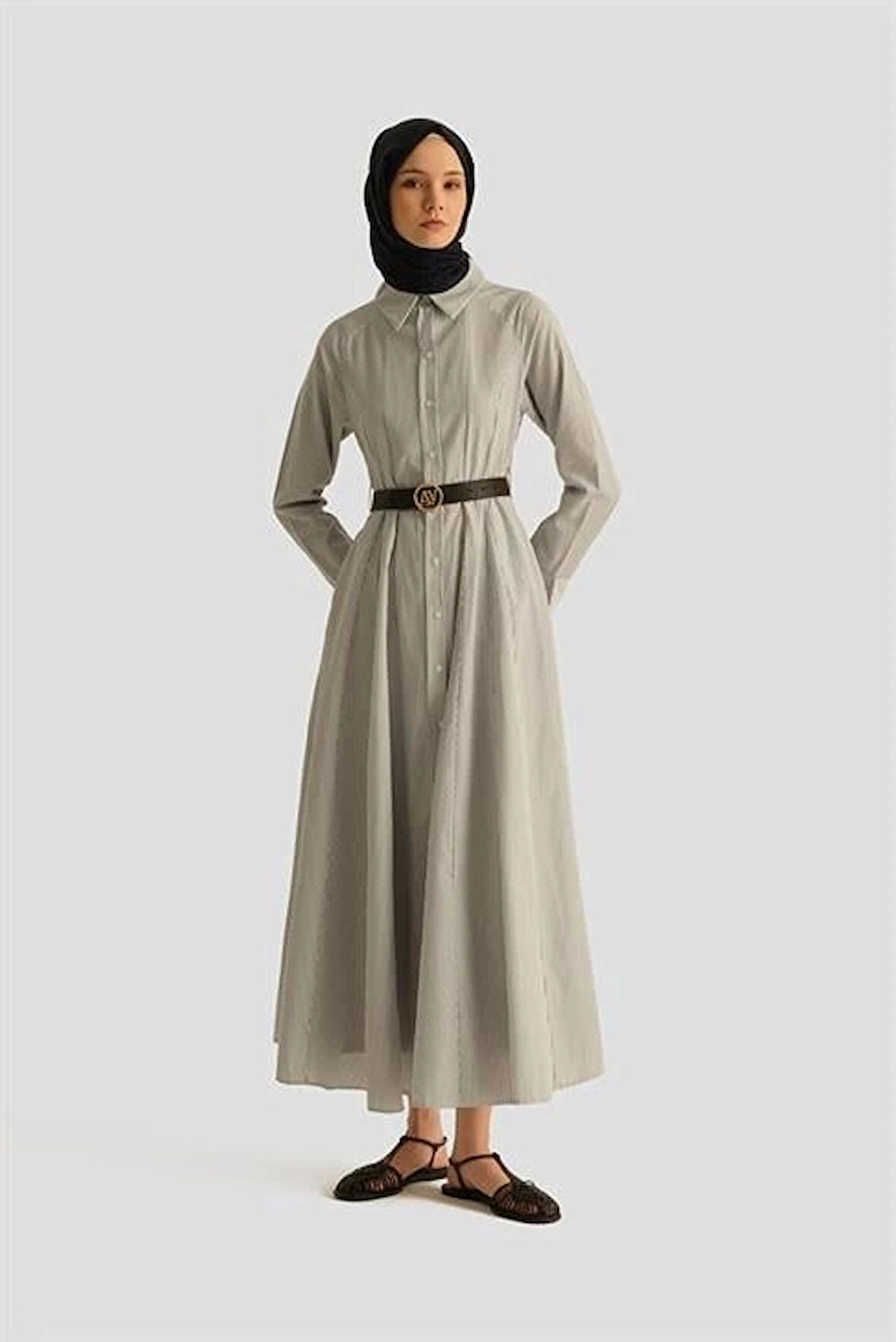 Armine Belden Açılan Çizgili Elbise 25Y9026 Beyaz