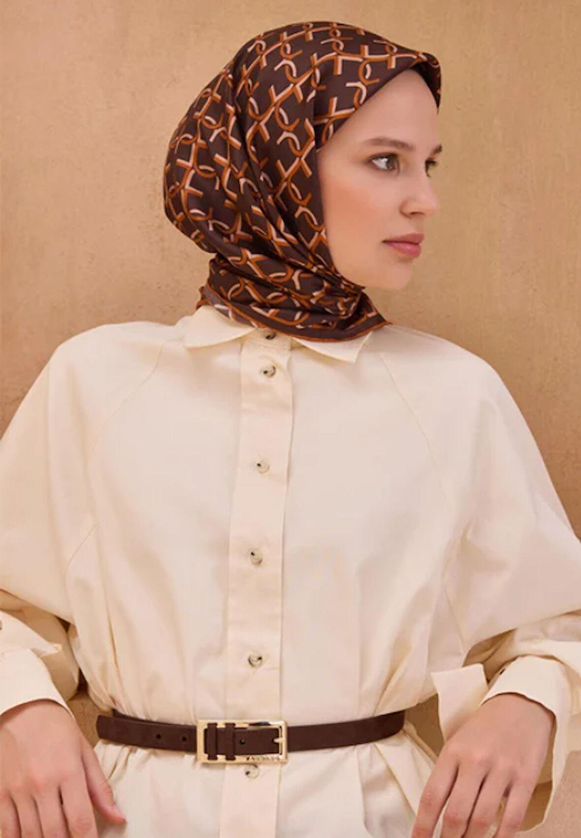 Belli Tivil Saf İpek Eşarp 4102-02 Kahverengi Karışık Desen