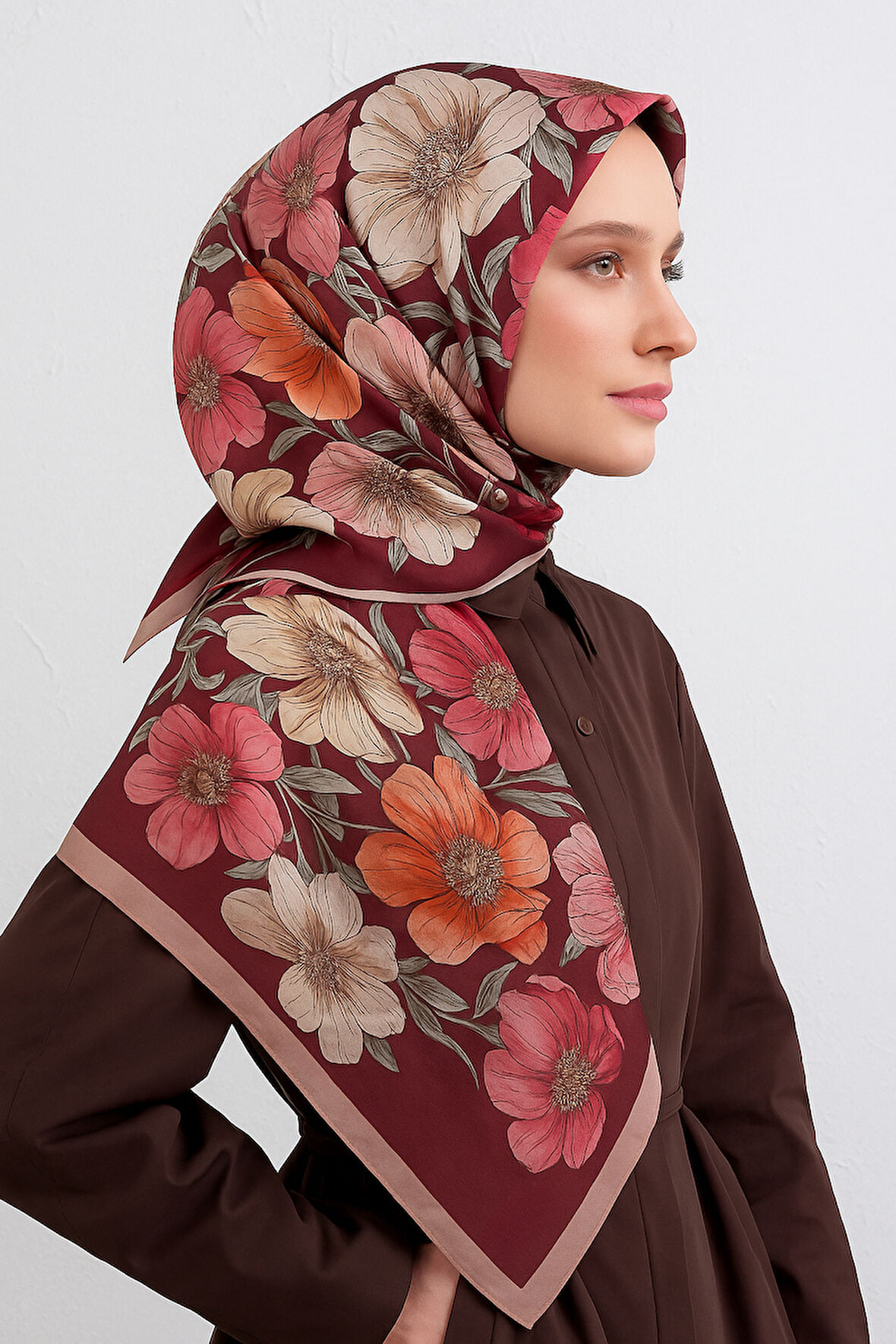 Armine Tivil Saf İpek Eşarp 9403 - 02 Bordo Karışık Desen