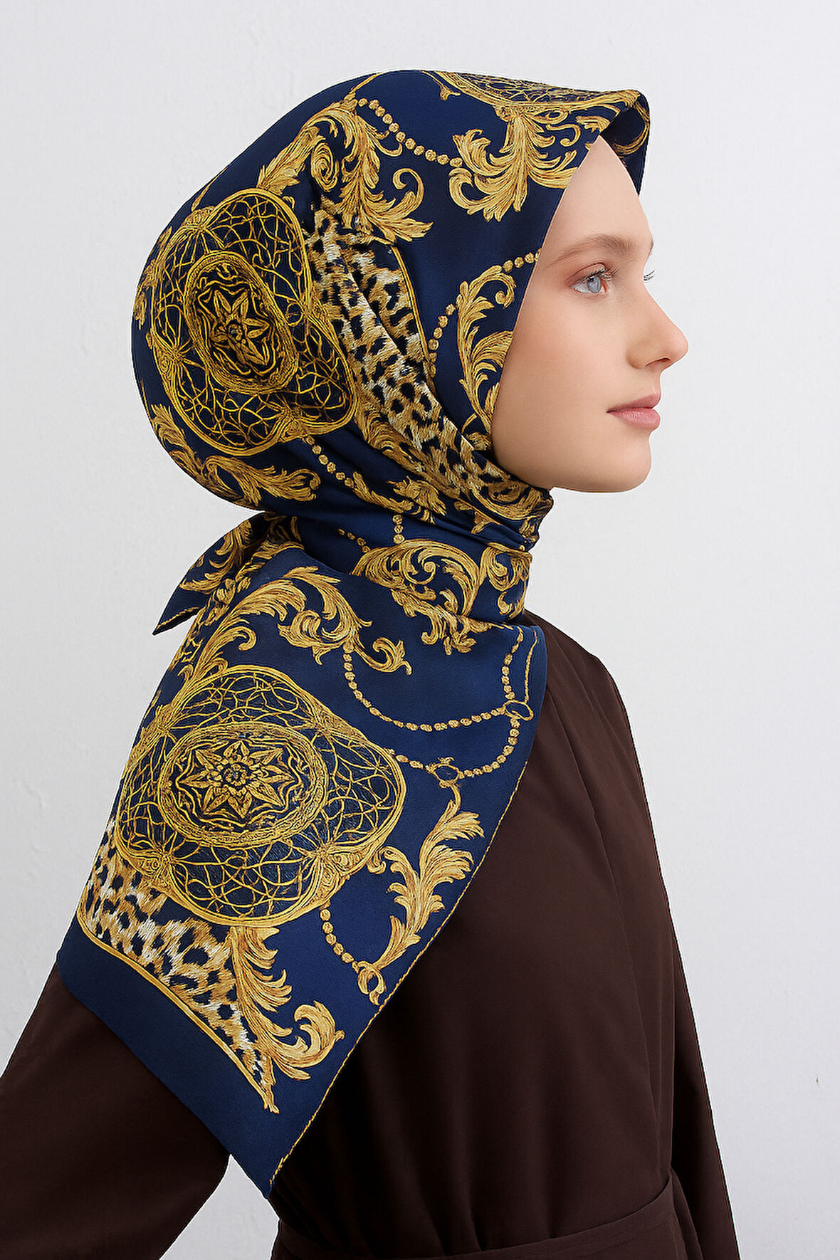 Armine Tivil Saf İpek Eşarp 9411 - 36 Lacivert Karışık Desen