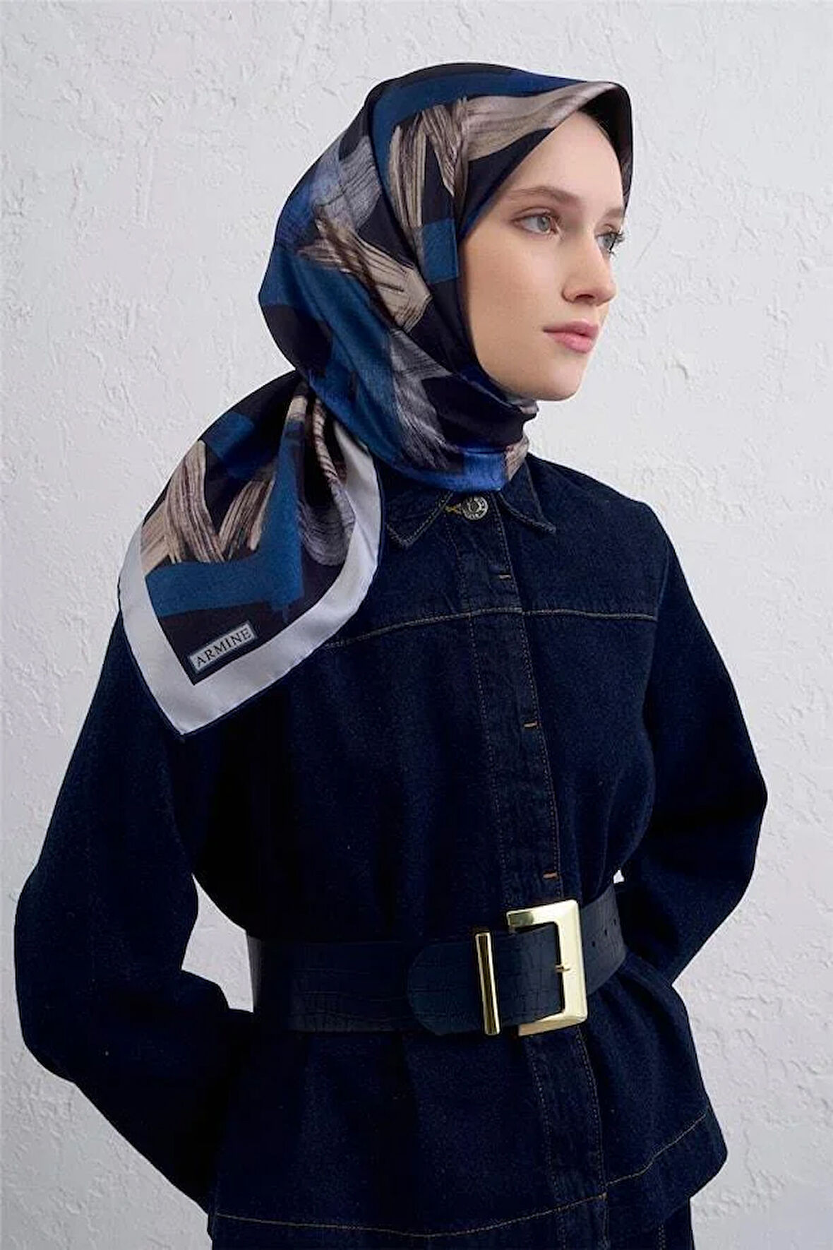 Armine Tivil Saf İpek Eşarp 9413 - 31 Lacivert Karışık Desen