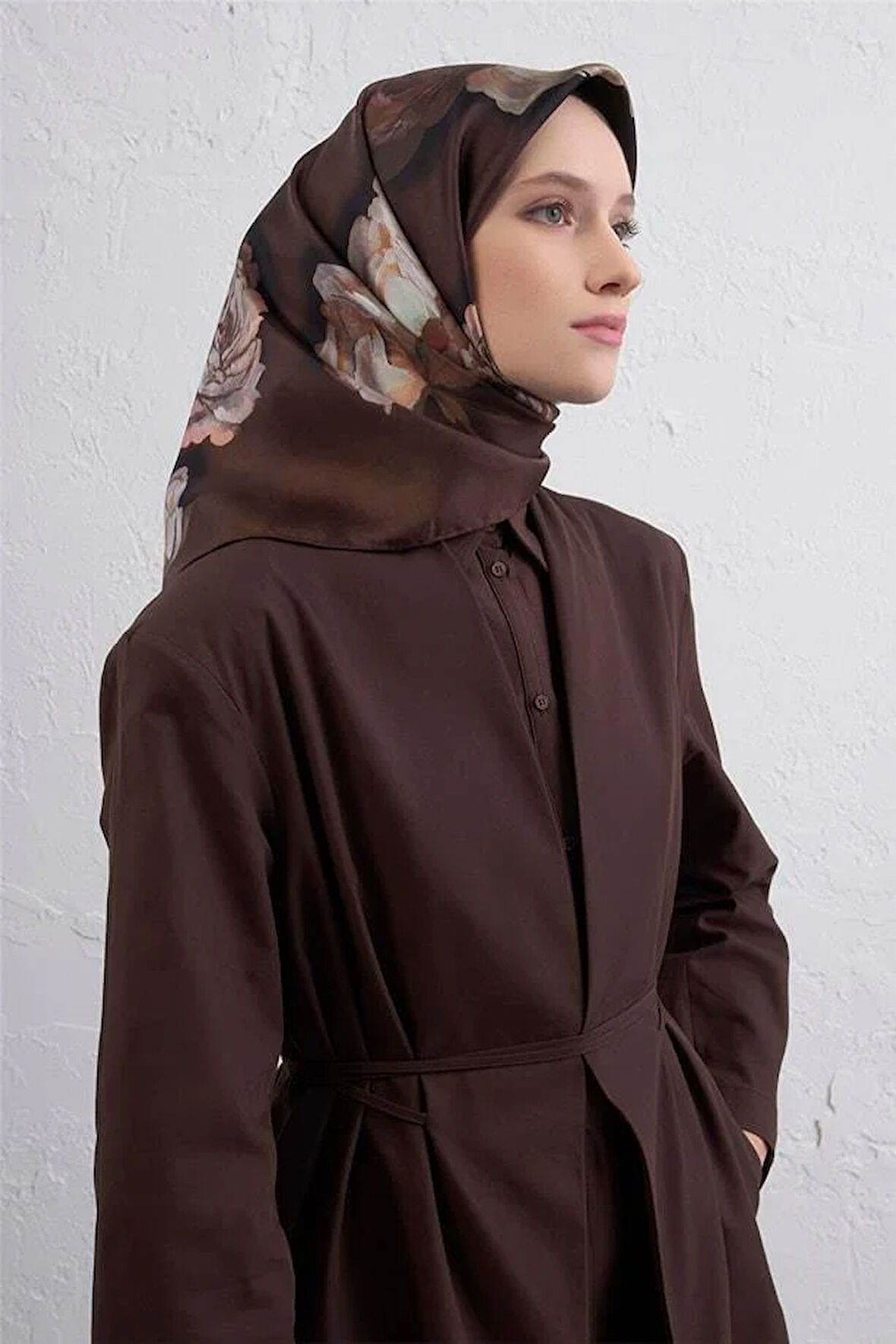 Armine Sura Saf İpek Eşarp 9419 - 84 Kahverengi Karışık Desen