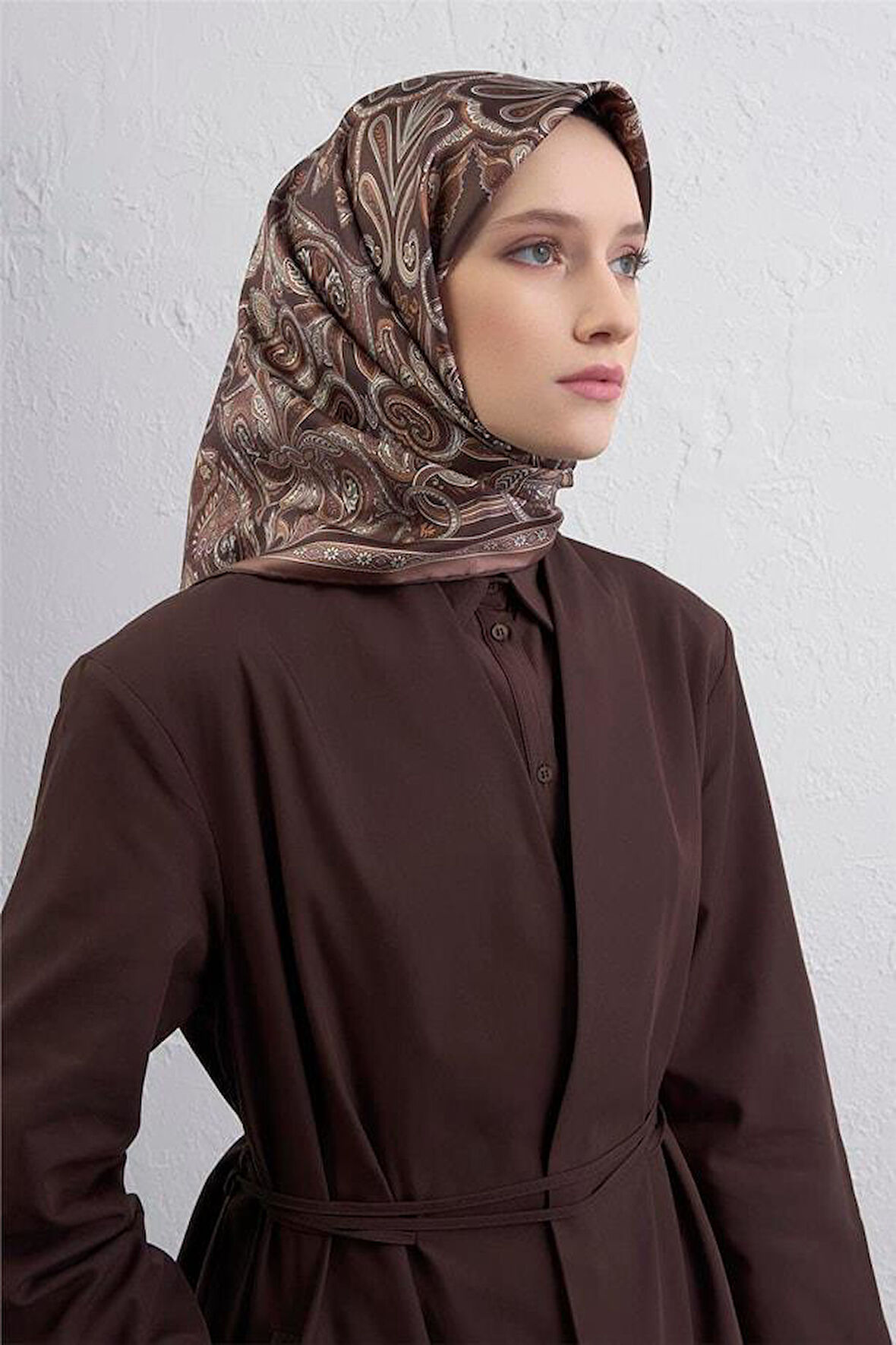 Armine Tivil Saf İpek Eşarp 9421 - 32 Kahverengi Karışık Desen 