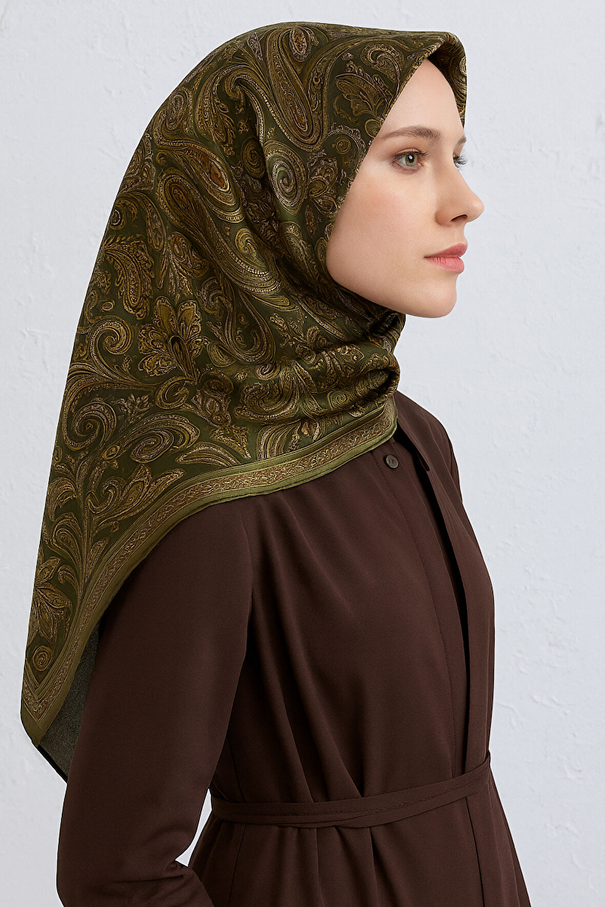 Armine Tivil Saf İpek Eşarp 9421 - 52 Yeşil Karışık Desen