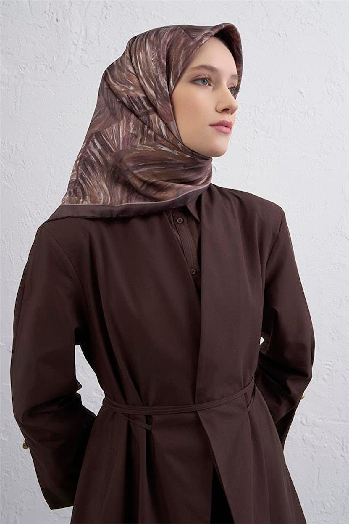 Armine Sura Saf İpek Eşarp 9430 - 36 Kahverengi Karışık Desen