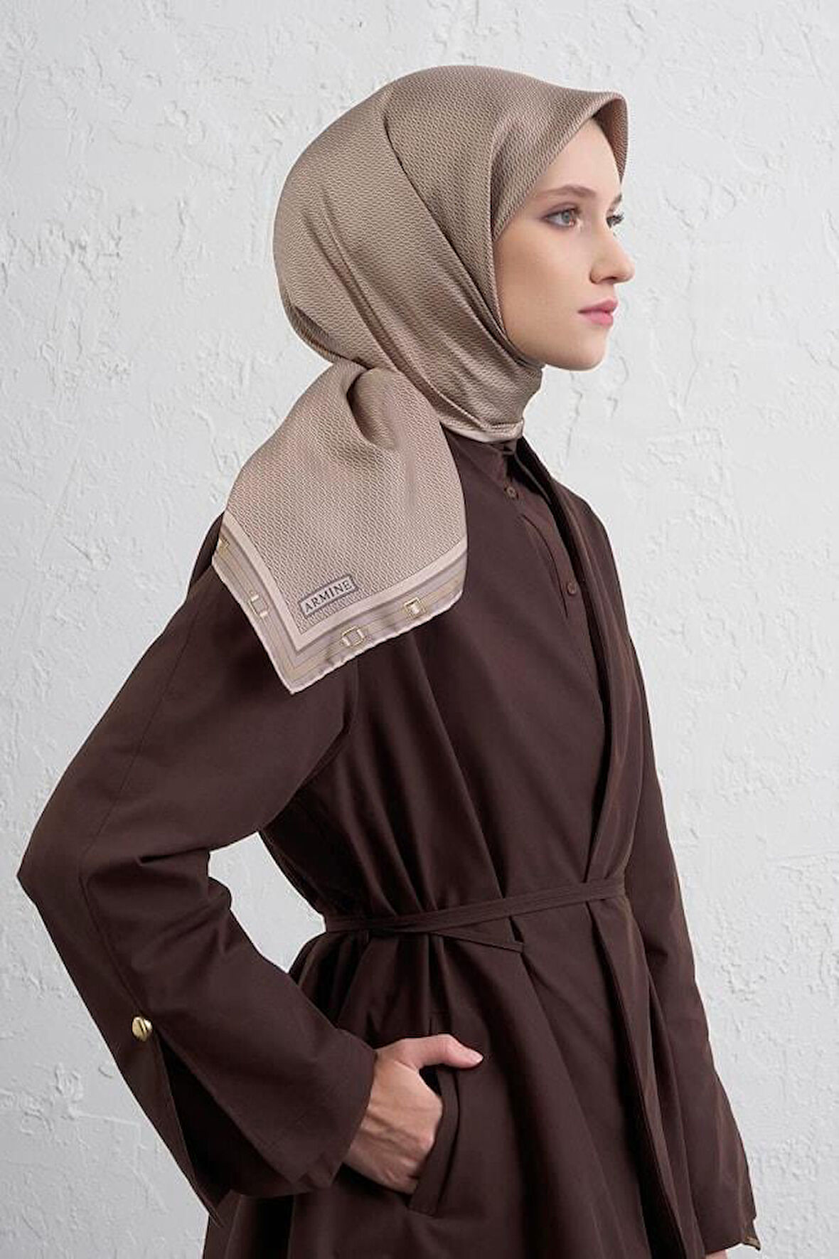 Armine Sura Saf İpek Eşarp 9401 - 05 Vizon Karışık Desen