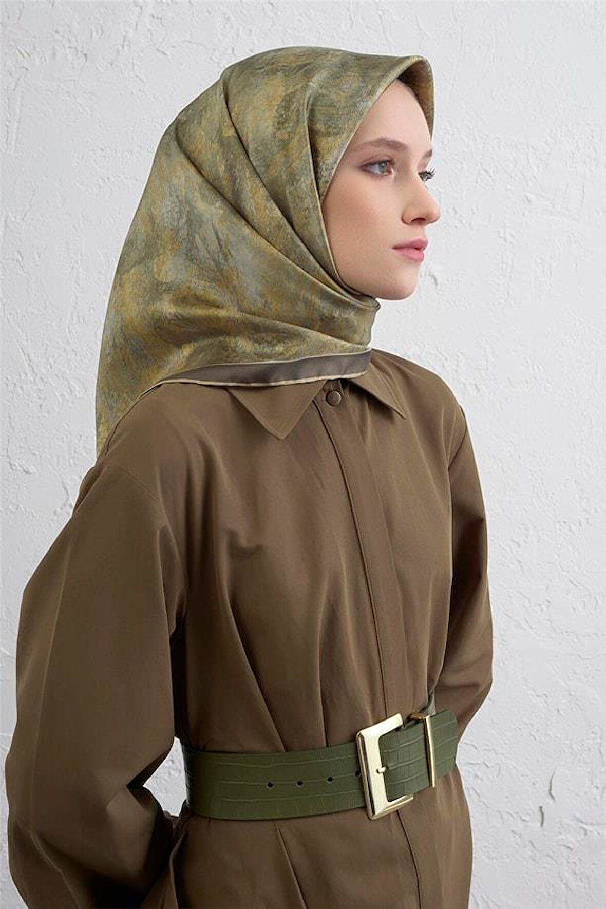 Armine Tivil Saf İpek Eşarp 9433 - 36 Yeşil Karışık Desen