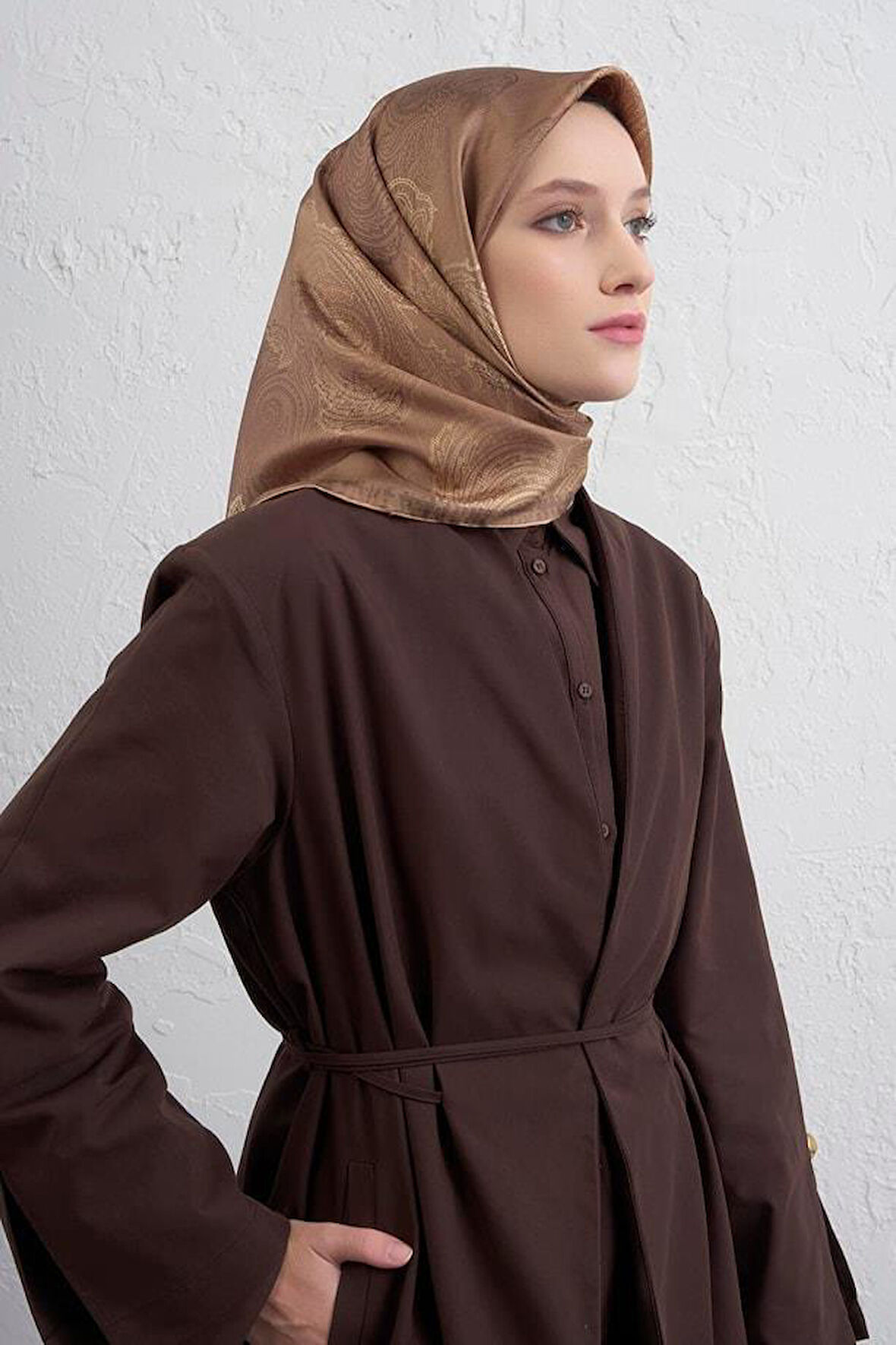 Armine Sura Saf İpek Eşarp 9428 - 38 Kahverengi Karışık Desen