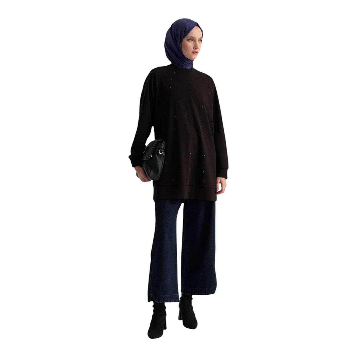 Kadın Önü Taş İşlemeli Tunik Siyah 25KT449