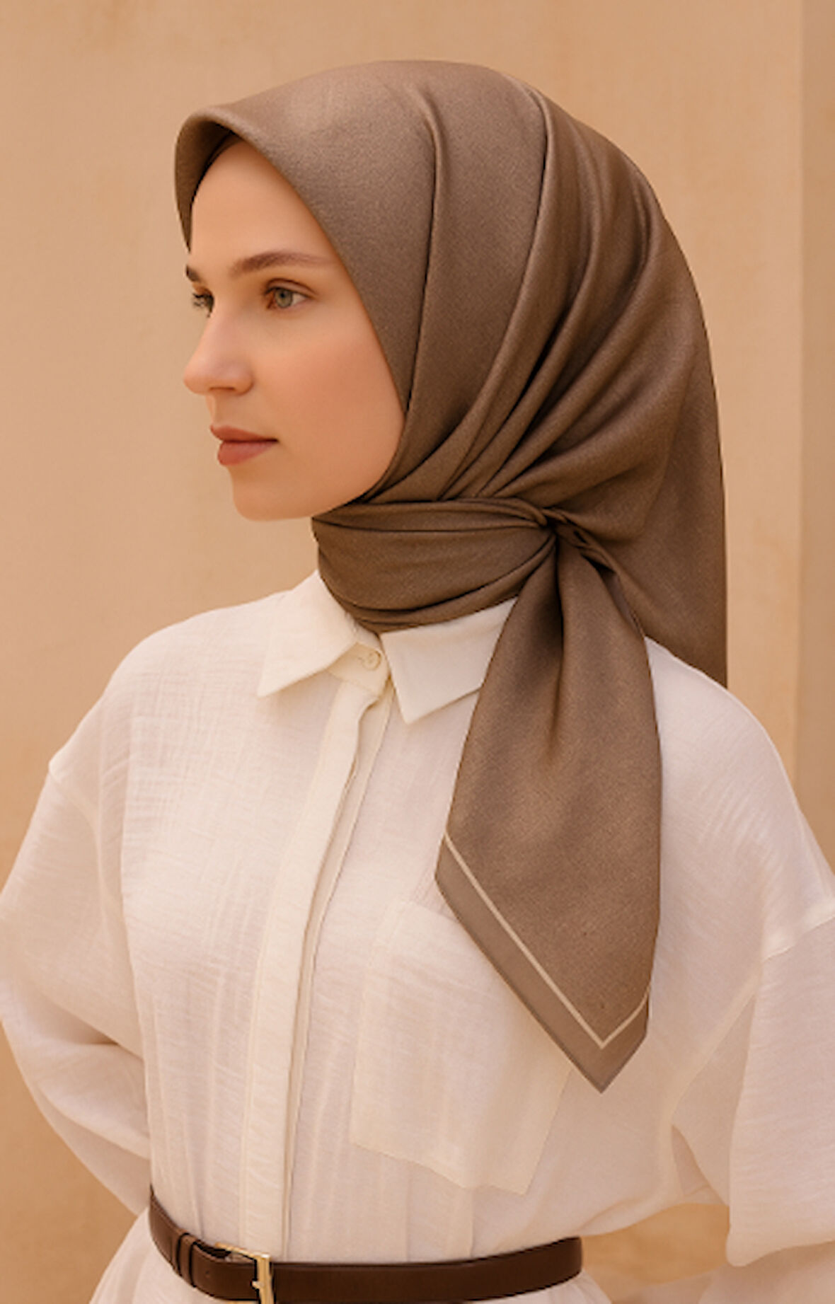 Belli Tivil Saf İpek Eşarp 4201 - 46 Sütlü Kahve Armürlü Desen