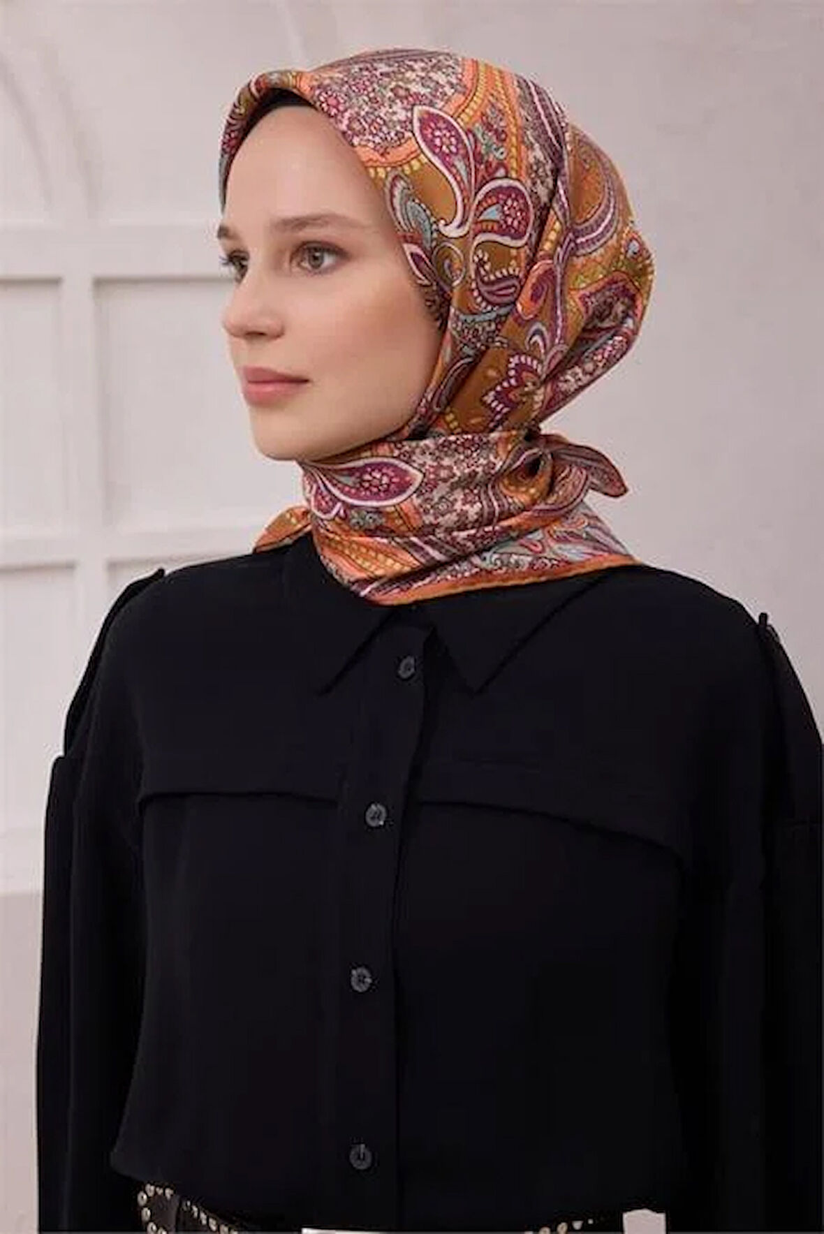 Belli Tivil Saf İpek Eşarp 4202 - 54 Turuncu Etnik Desen