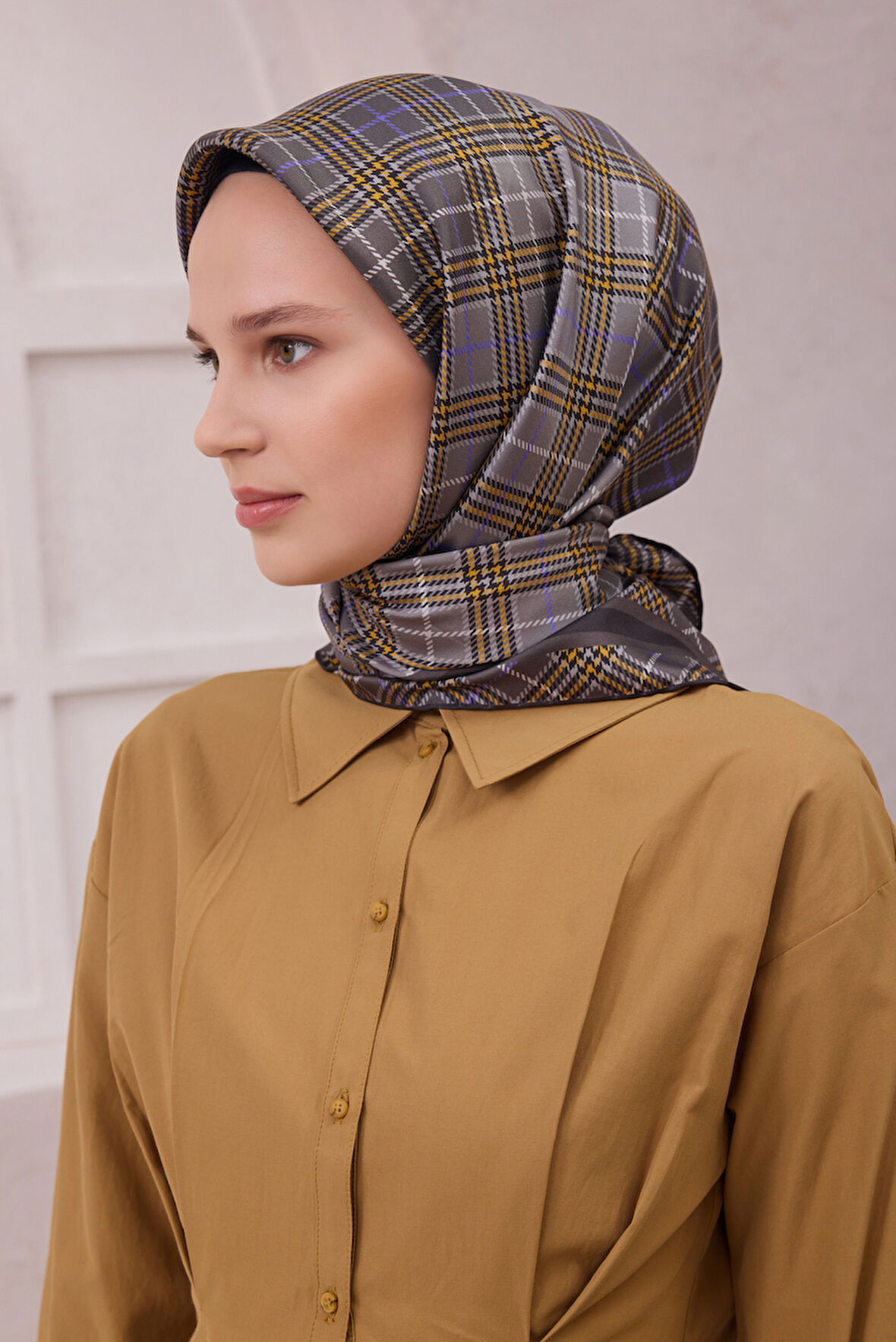 Ekose Desen İpek Twill Eşarp 4218D01