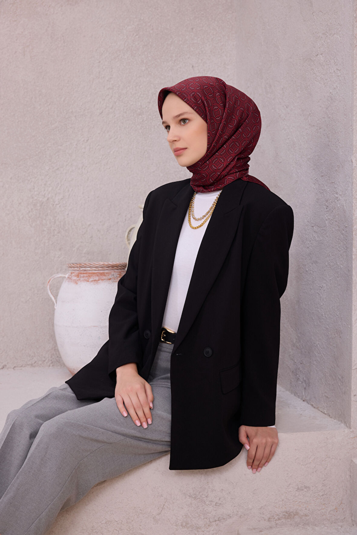 Geometrik Desen İpek Twill Eşarp 4215D01