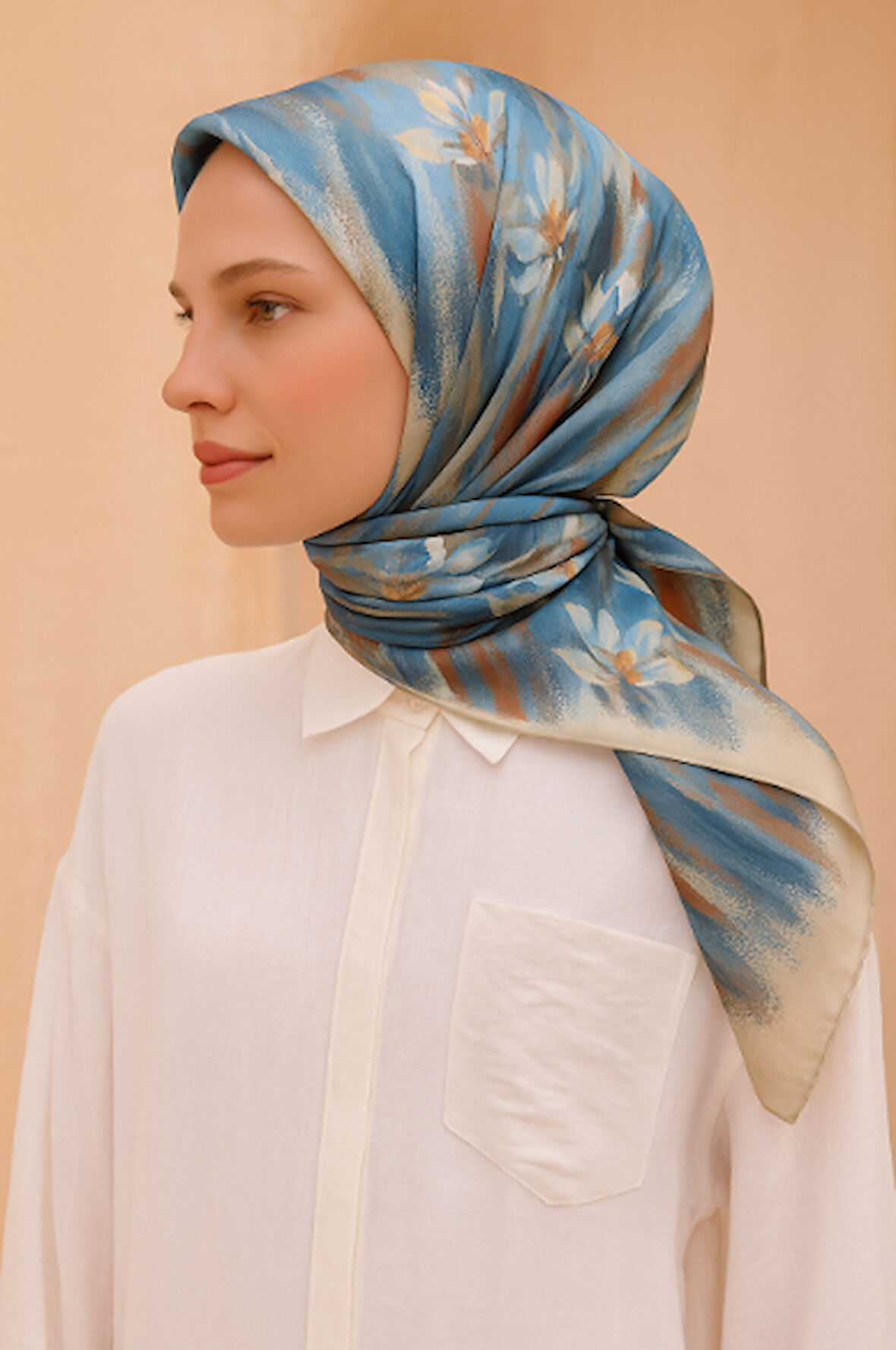 Belli Tivil Saf İpek Eşarp 4217 - 83 Taş Çiçek Desen