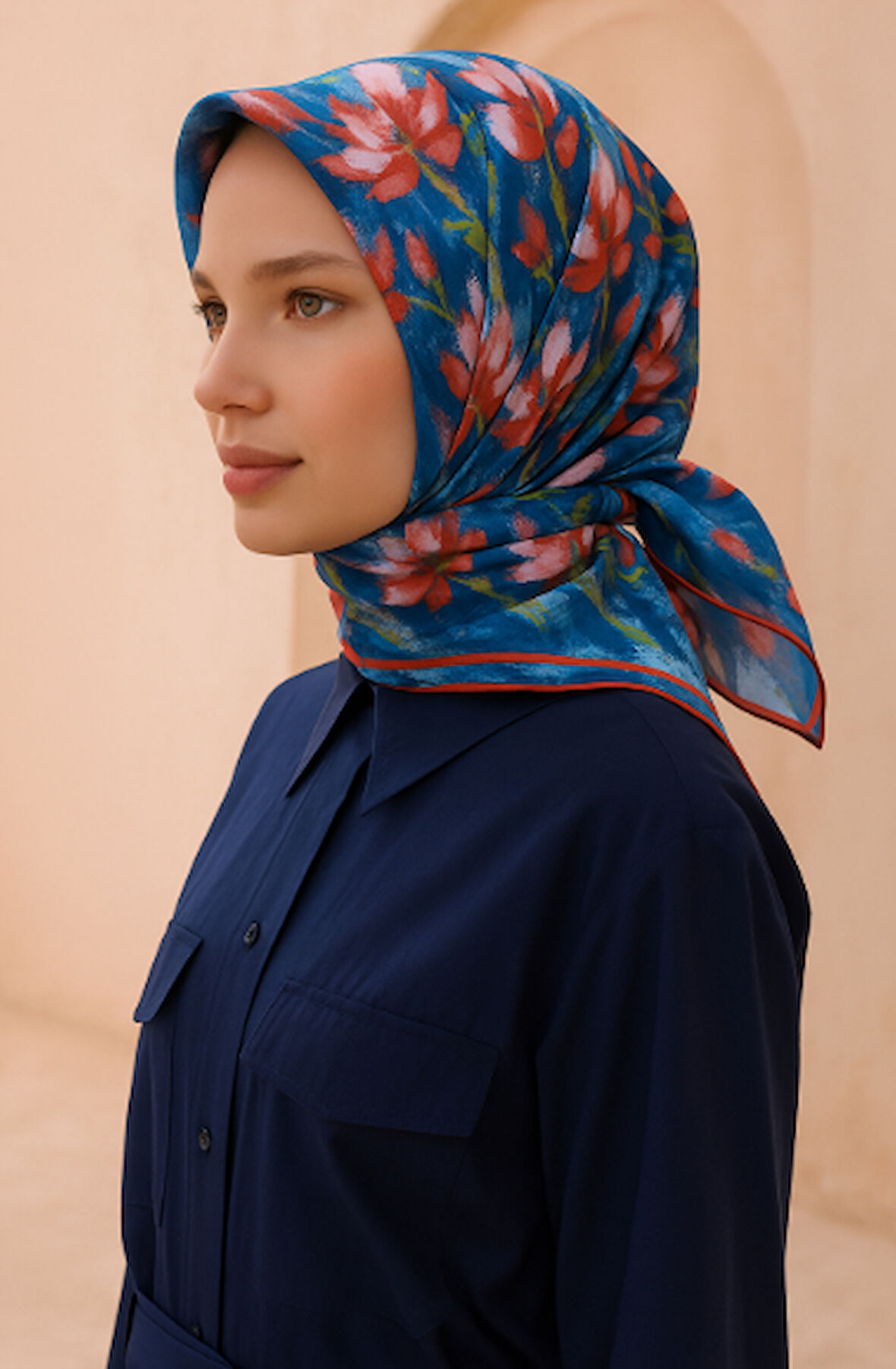 Belli Tivil Saf İpek Eşarp 4217 -01 Açık Mavi Çiçek Desen