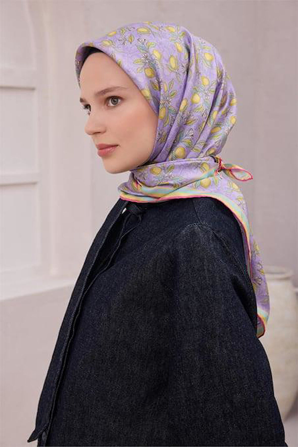 Belli Tivil Saf İpek Eşarp 4212 - 55 Lila Limon Desen