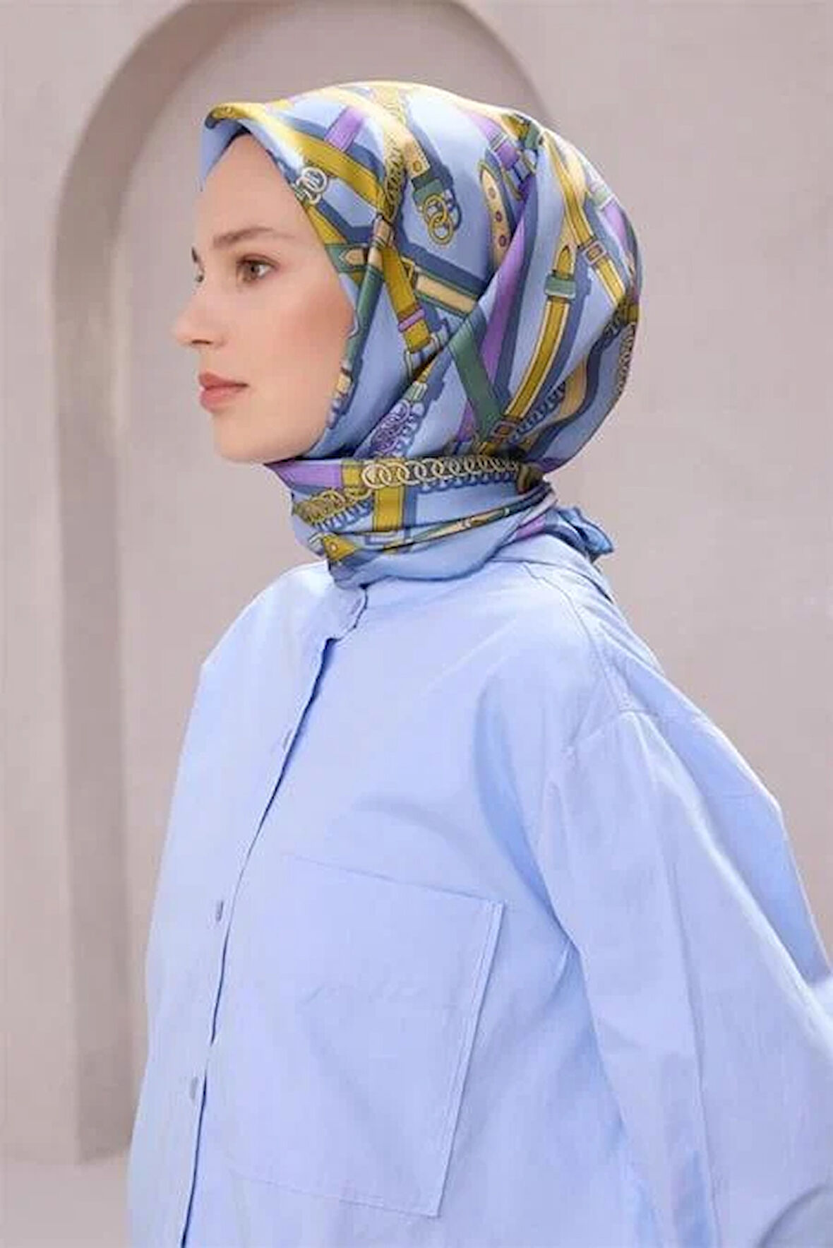 Belli Tivil Saf İpek Eşarp 4200 - 05 Açık Mavi Kemer Desen