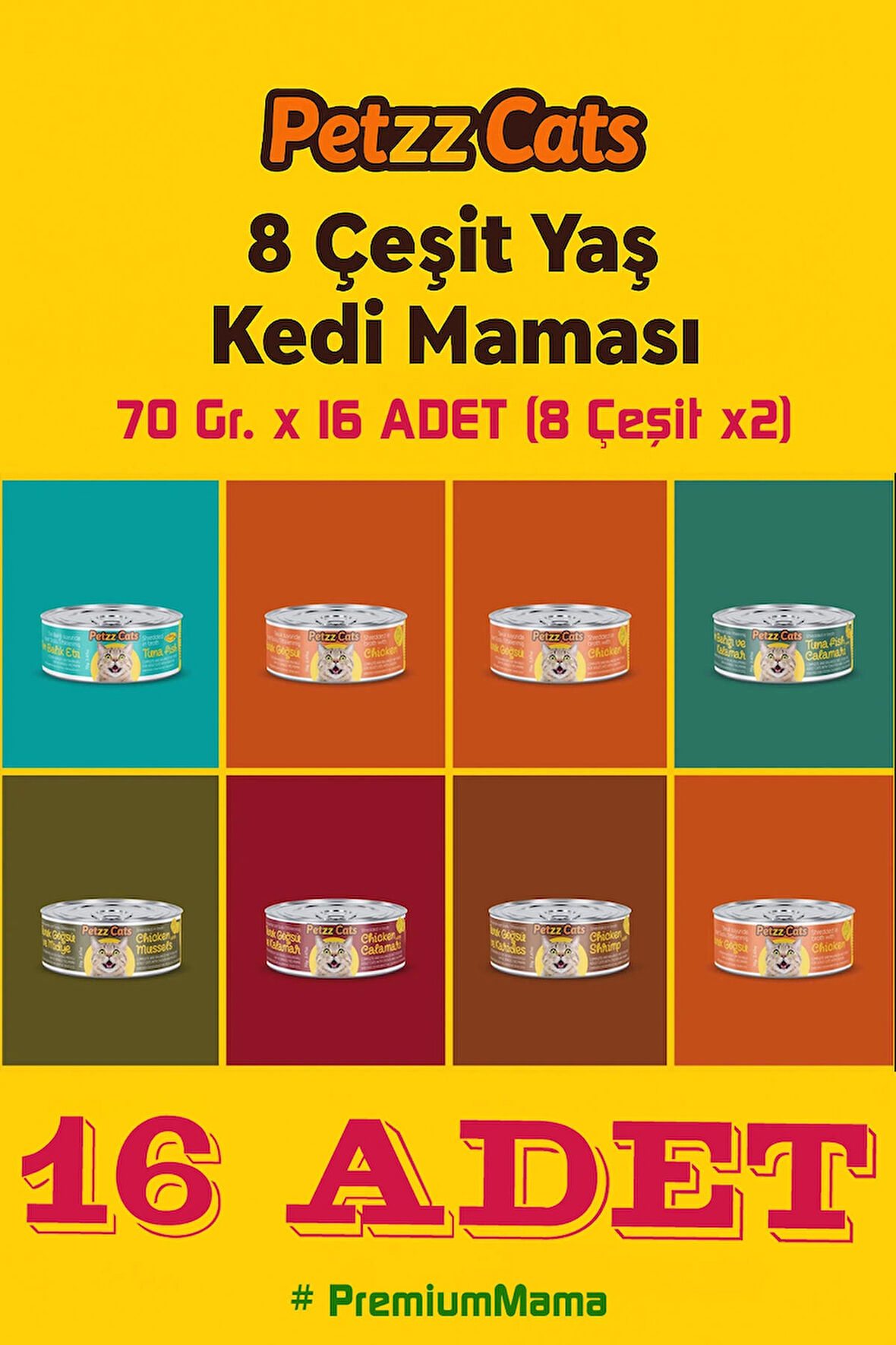 Premium PettzCat Kedi Konserve Yaş Mama 70 Gr. 8 Çeşit (8x2 adet) Her Çeşitten 2 Adet, Toplam 16 Kutu