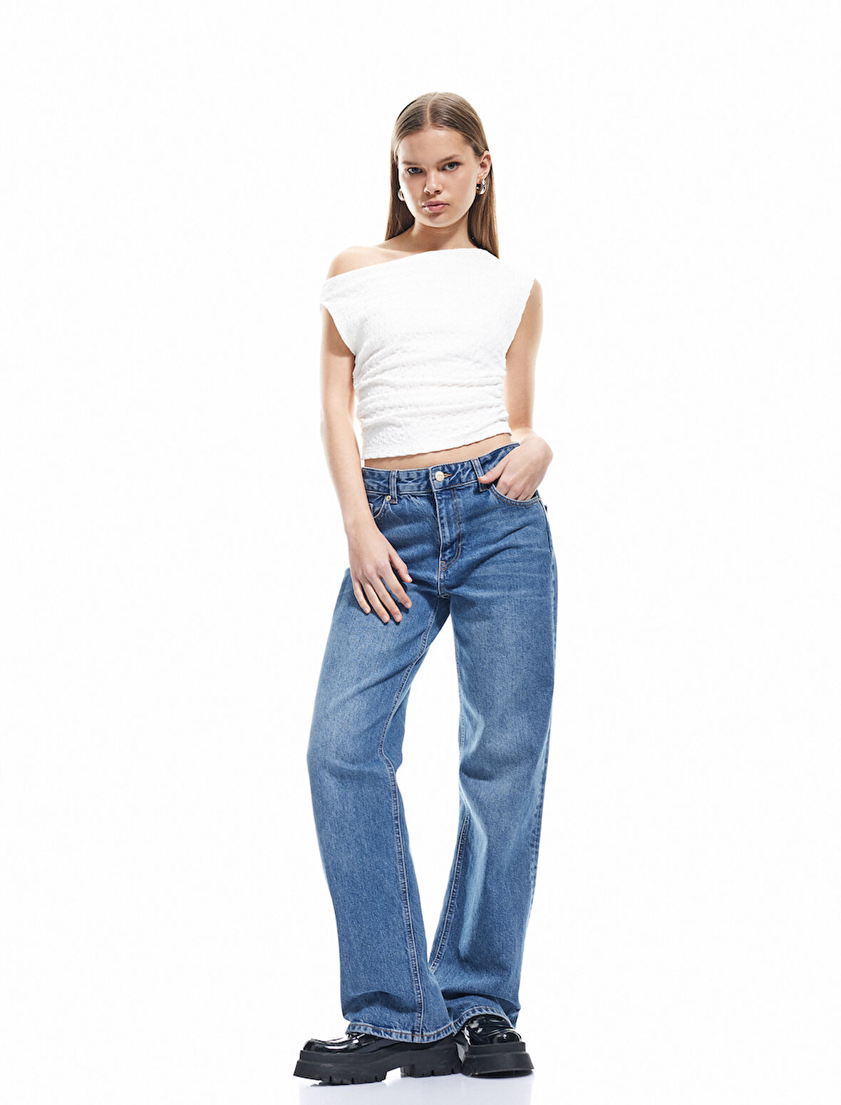 Tek Omuz Detaylı Dokulu Asimetrik Yaka Drapeli Kolsuz Tişört