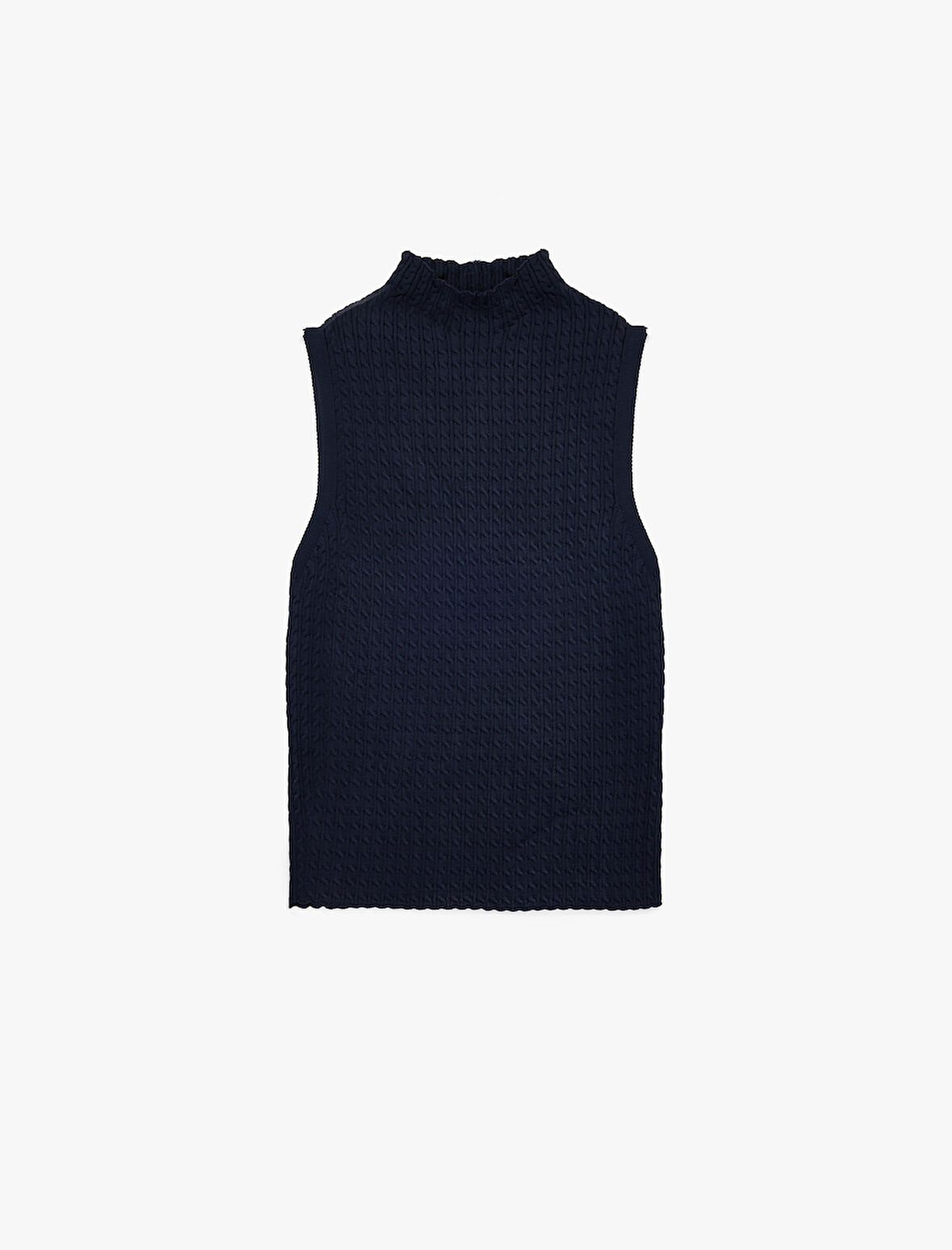 Dik Yaka Saç Örgü Dokulu Kolsuz Triko Bluz