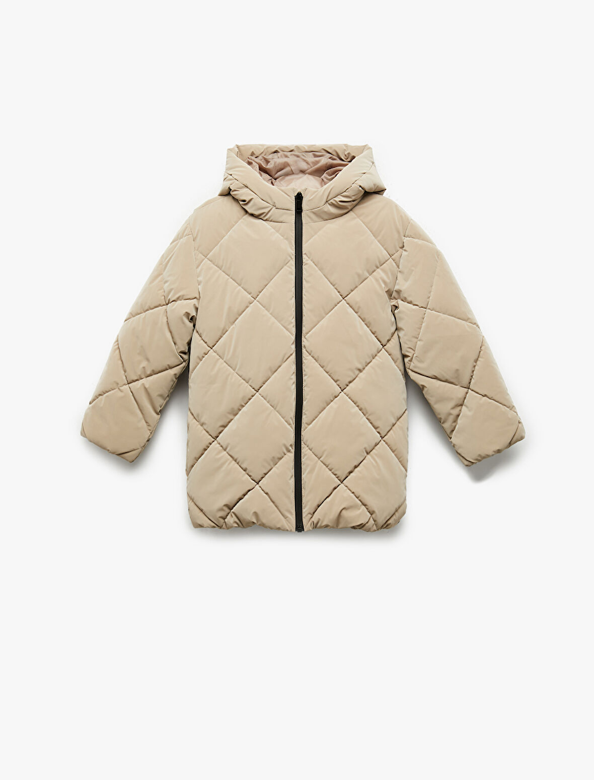 Uzun Kollu Fermuarlı Kapitone Kapşonlu Şişme Mont