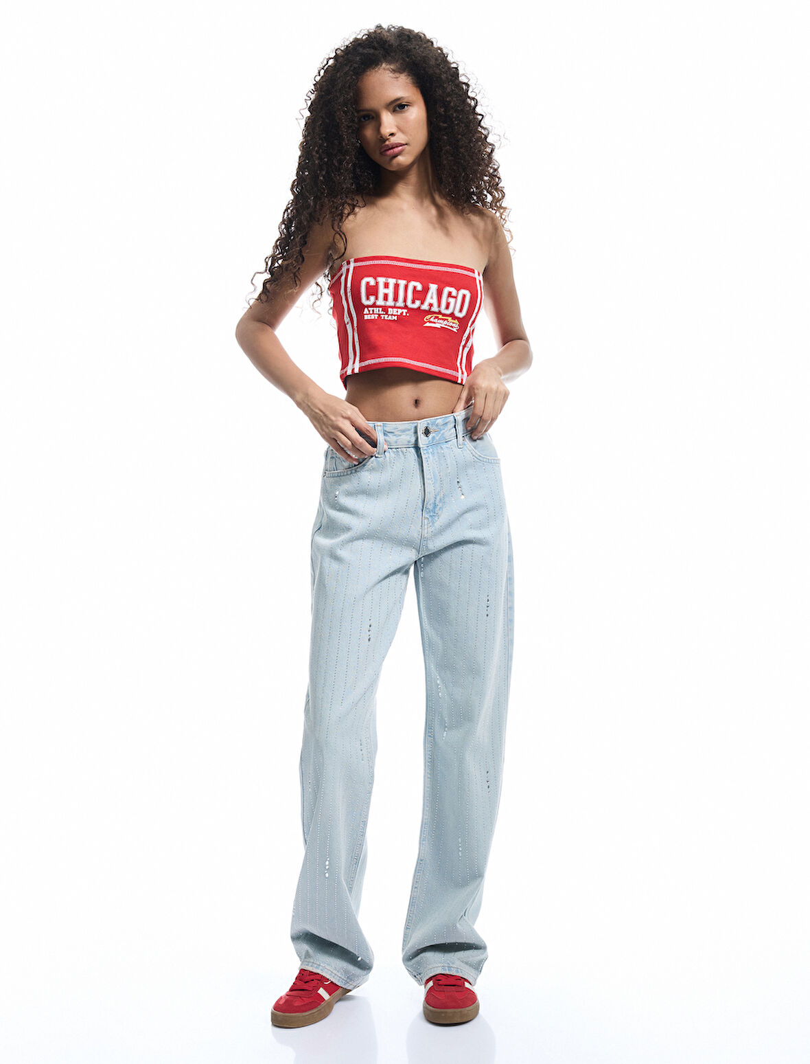 Taş Detaylı Düz Paça Düğmeli Pamuklu Jean Pantolon - Straight Fit Jean